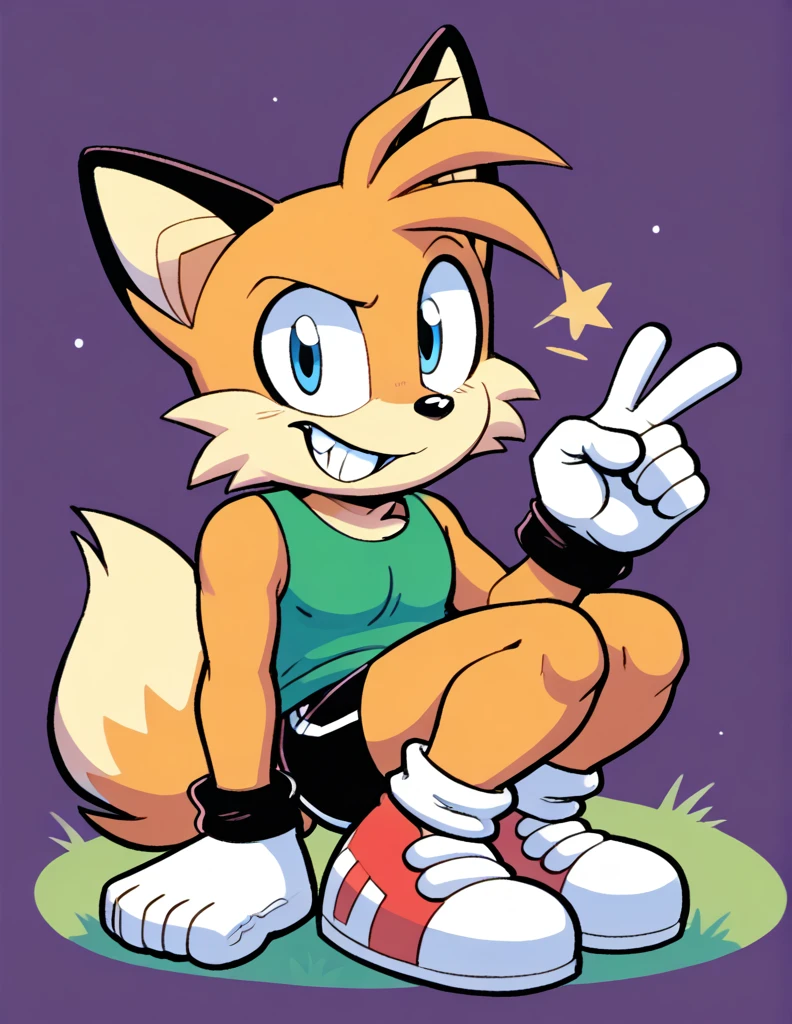 anthro fox is sitting down in a squatting position, wearing black swimming shorts. And has thick thighs, He has a smug and happy expression on his face, with a big cheesy grin and a mischievous glint in his eye. The cartoon style is reminiscent of Chuck Jones' work from the 1980s, with bold outlines, simple shapes, and bright colors that pop on the page. The background is minimally detailed, with plain grass and a sunny sky