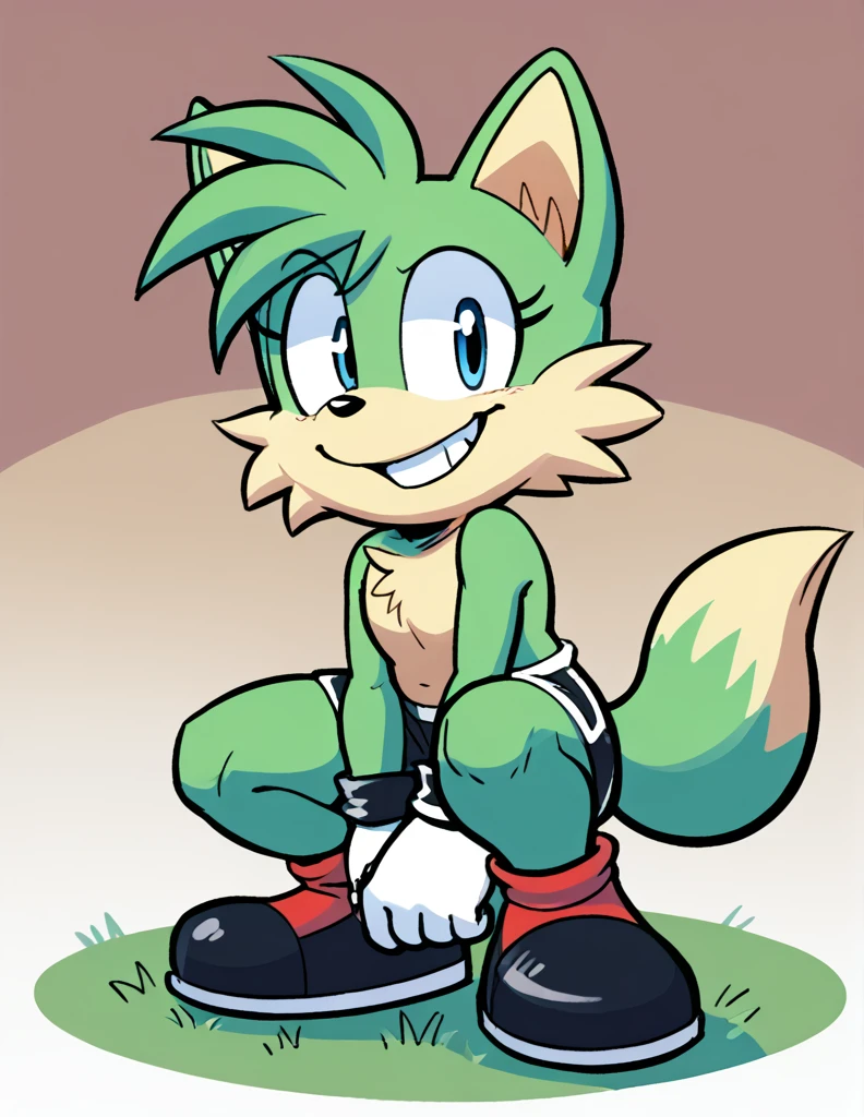 anthro fox is sitting down in a squatting position, wearing black swimming shorts. And has thick thighs, He has a smug and happy expression on his face, with a big cheesy grin and a mischievous glint in his eye. The cartoon style is reminiscent of Chuck Jones' work from the 1980s, with bold outlines, simple shapes, and bright colors that pop on the page. The background is minimally detailed, with plain grass and a sunny sky