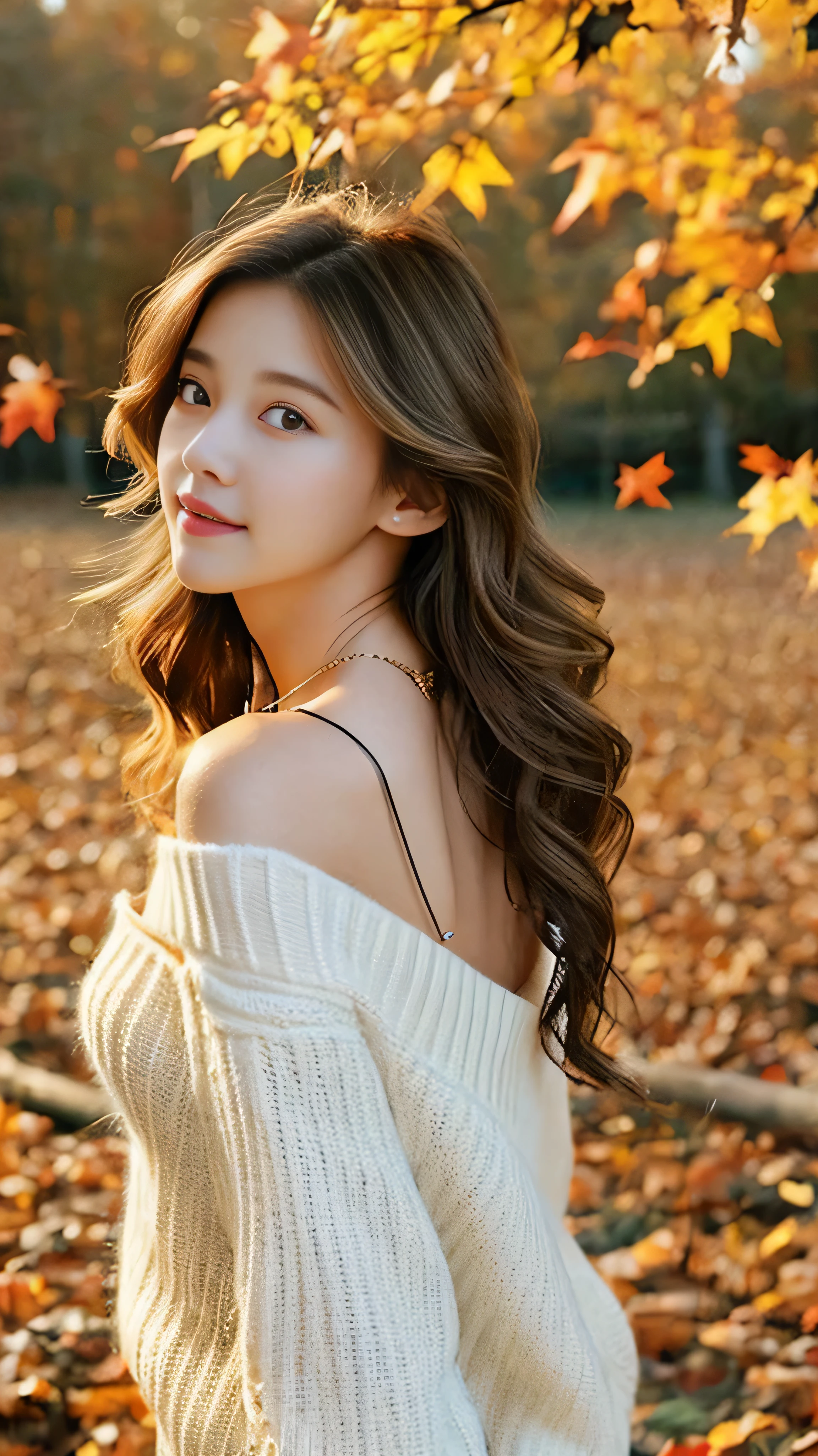 One Girl, Age 19, alone, Mid-length hair,Gradient wavy hair、 Great tit, View your viewers, Long, messy light brown hair, Exposing shoulders, whole body, necklace, Off the shoulder, White sweater, Realistic, Sexy, autumn leaves, Mountain in the background々々.