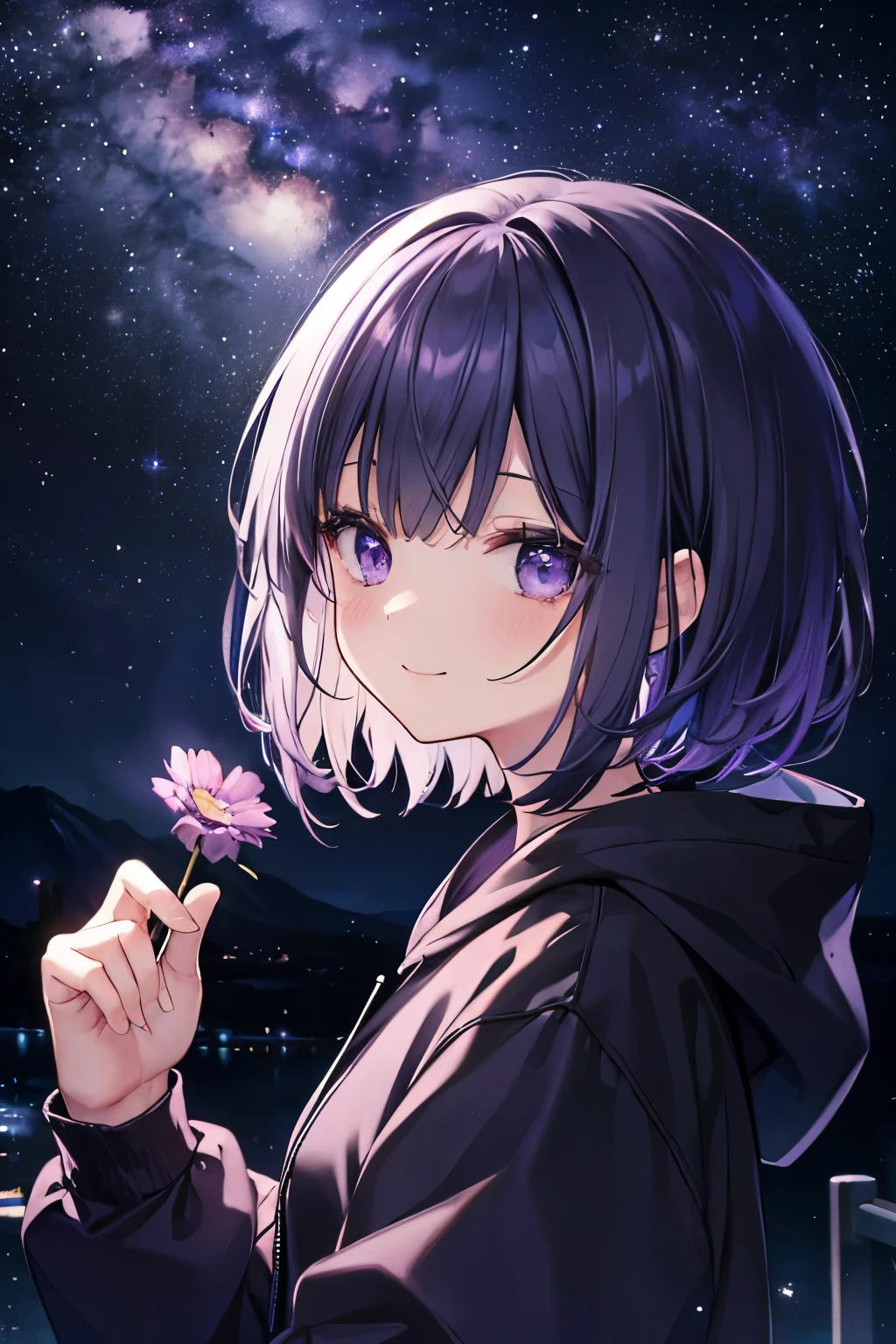 Night Sky、beautiful、Milky Way、purple、black、Childhood friend、Bobcut、hoodie、black色、cute、smile