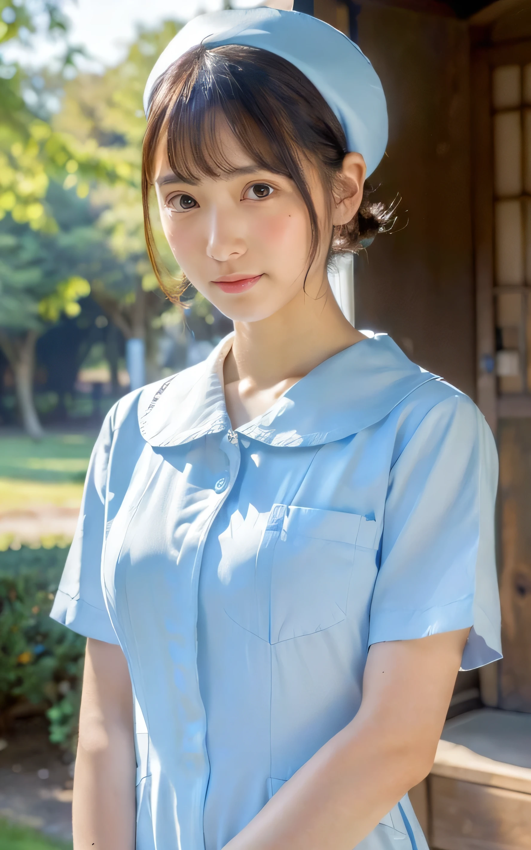 ((top quality, 8k, muste piece: 1.3)), beauty, one japanese girl, nurse, whole body, perfect anatomy, Are standing, black hair, Blunt Bangs, Lower ponytail, 20 years old, face focus, detailed face, highly detailed lips, fine eyes, sweaty skin: 1.2, nurse uniform, light blue dress, nurse cap,