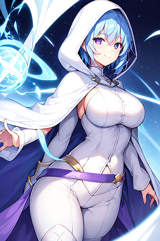 1girl, large breasts, light blue hair, purple eyes, one eye covered, short hair, smile, light smile, cloak, white cloak, white hood, white cape, cape, belt, white pants, white clothes, hood up, pants, ((pants)), hourglass figure,