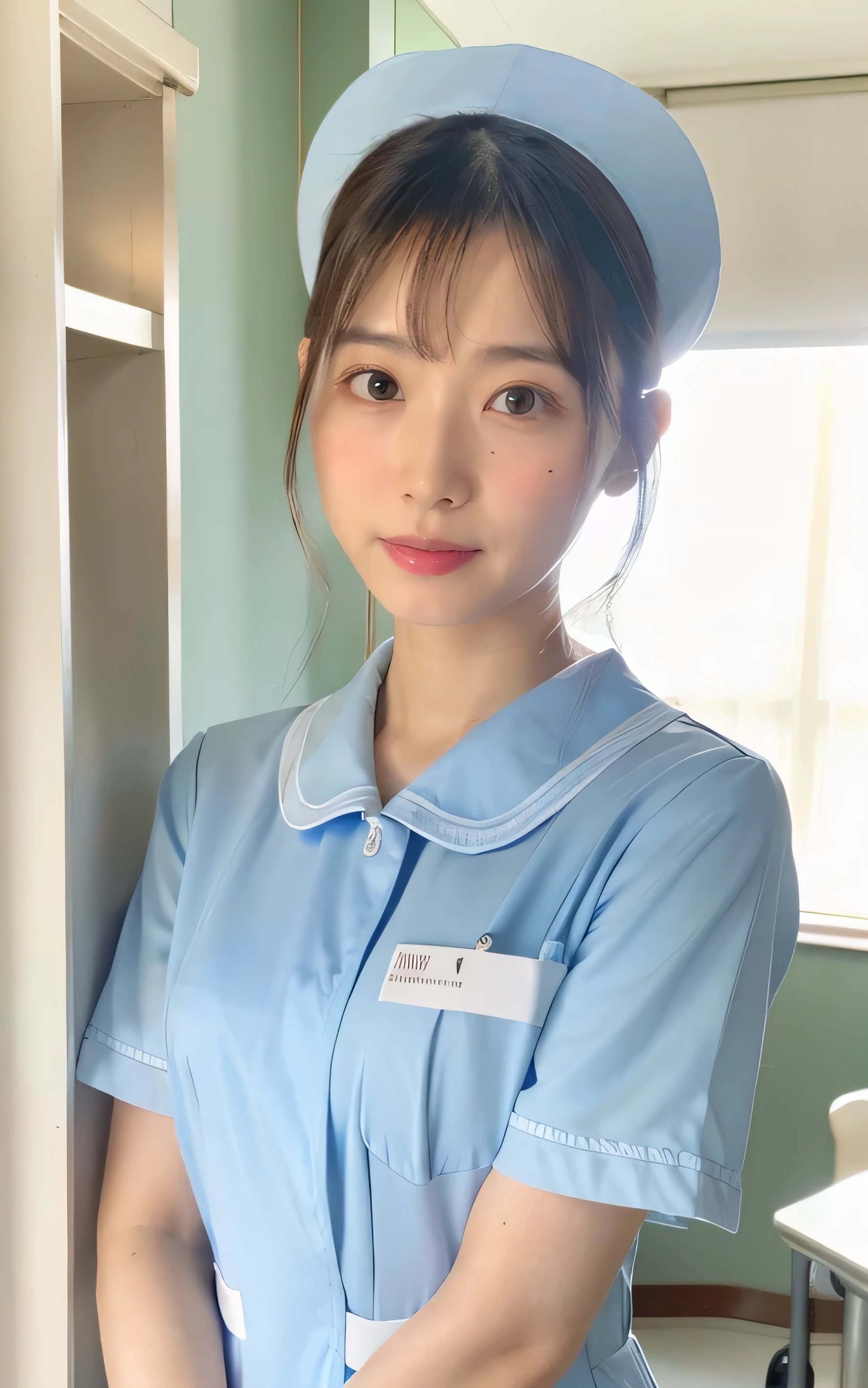 full body, ((top quality, 8k, muste piece: 1.3)), beauty, one japanese girl, nurse, whole body, perfect anatomy, outstanding light and shadow, Highly detailed living room,clear and bright sunlight,1 girl,lightly dressed、gaze looking beyond,black side,strong sunlight,delicate and messy hair,realistic skin texture, Are standing, black hair, Blunt Bangs, Lower ponytail, 20 years old, face focus, detailed face, highly detailed lips, fine eyes, sweaty skin: 1.2, nurse uniform, light blue dress, nurse cap, new hospital, white room