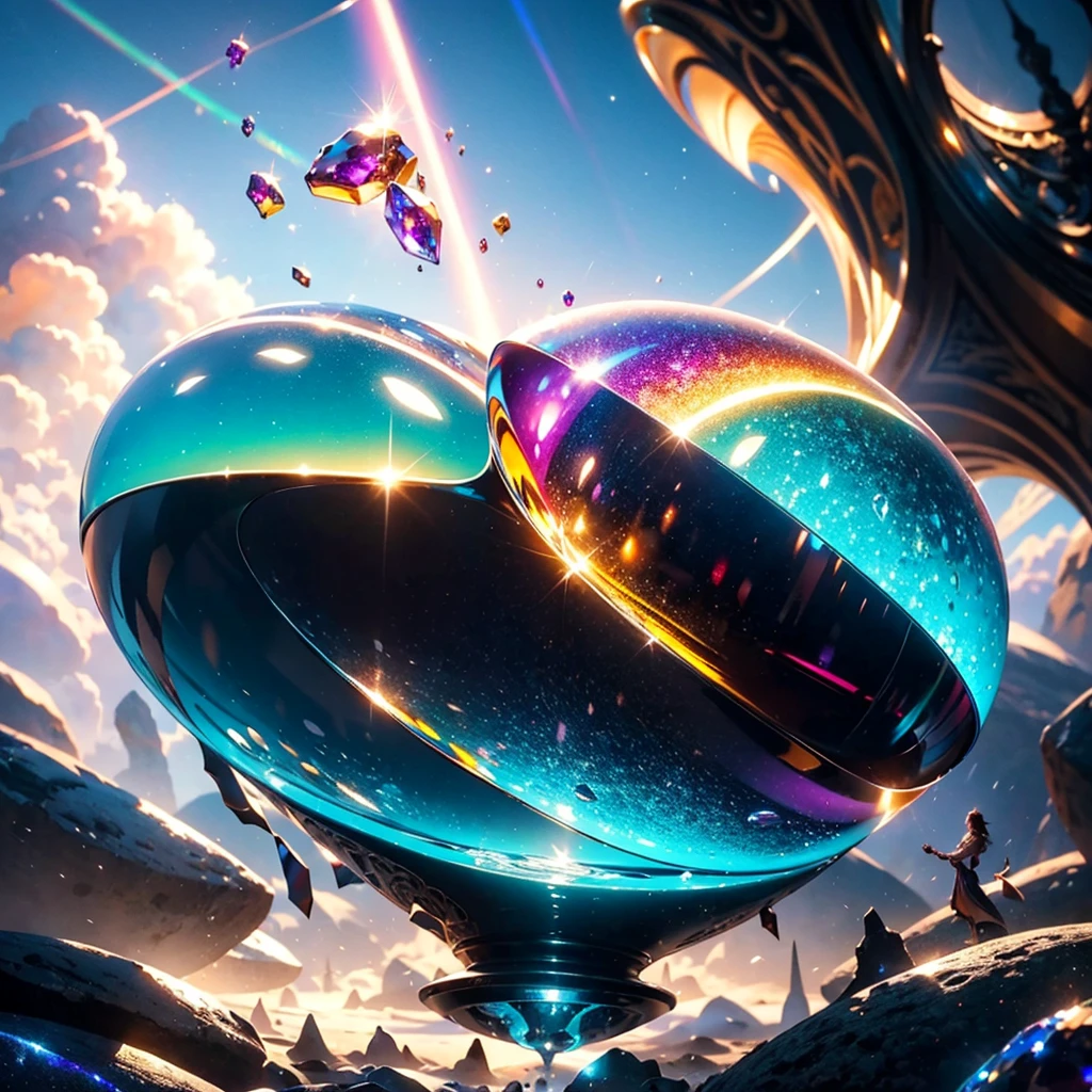 giant levitating gemstones, sparkling colorful gems floating in the sky, highly detailed, 4k, 8k, hyperrealistic, photorealistic, masterpiece, vibrant colors, volumetric lighting, god rays, cinematic lighting, dramatic shadows, intricate details, hyper detailed, ultra detailed, stunning, breathtaking, awe-inspiring, magical, fantastical, surreal, imaginative