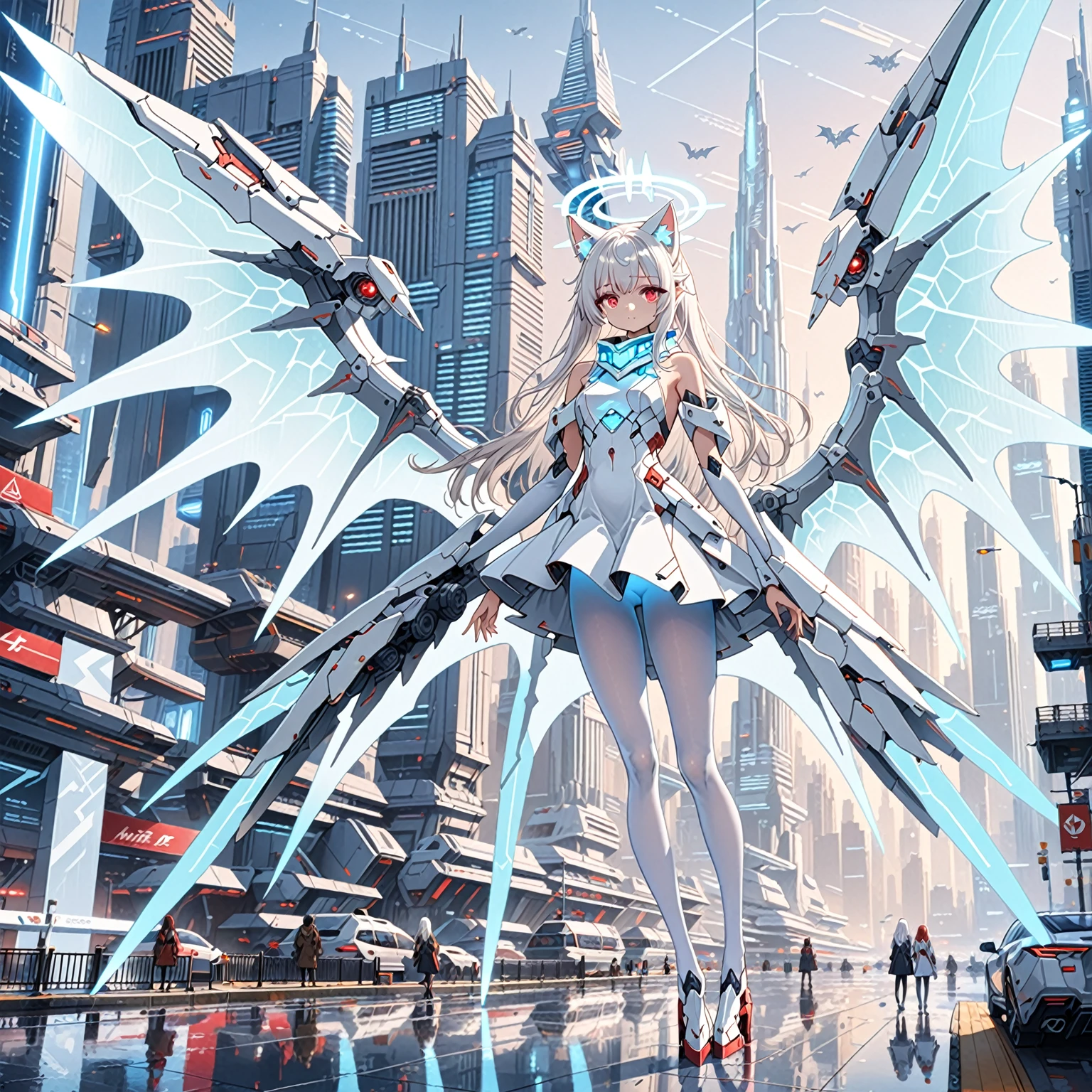 masterpiece, highest quality, highest resolution, clear_image, detailed details, white hair, long hair, 1 girl, cat ears, red eyes, futuristic dragon wings (12 wings), futuristic halo, white sci fi mecha dress, white scarf (around the neck withn a light blue glow), white pantyhose, full body, no water marks, city