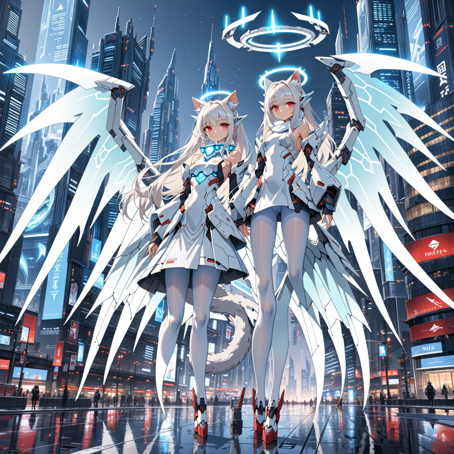 masterpiece, highest quality, highest resolution, clear_image, detailed details, white hair, long hair, 1 girl, cat ears, red eyes, futuristic dragon wings (12 wings), futuristic halo, white sci fi mecha dress, white scarf (around the neck withn a light blue glow), white pantyhose, full body, no water marks, city
