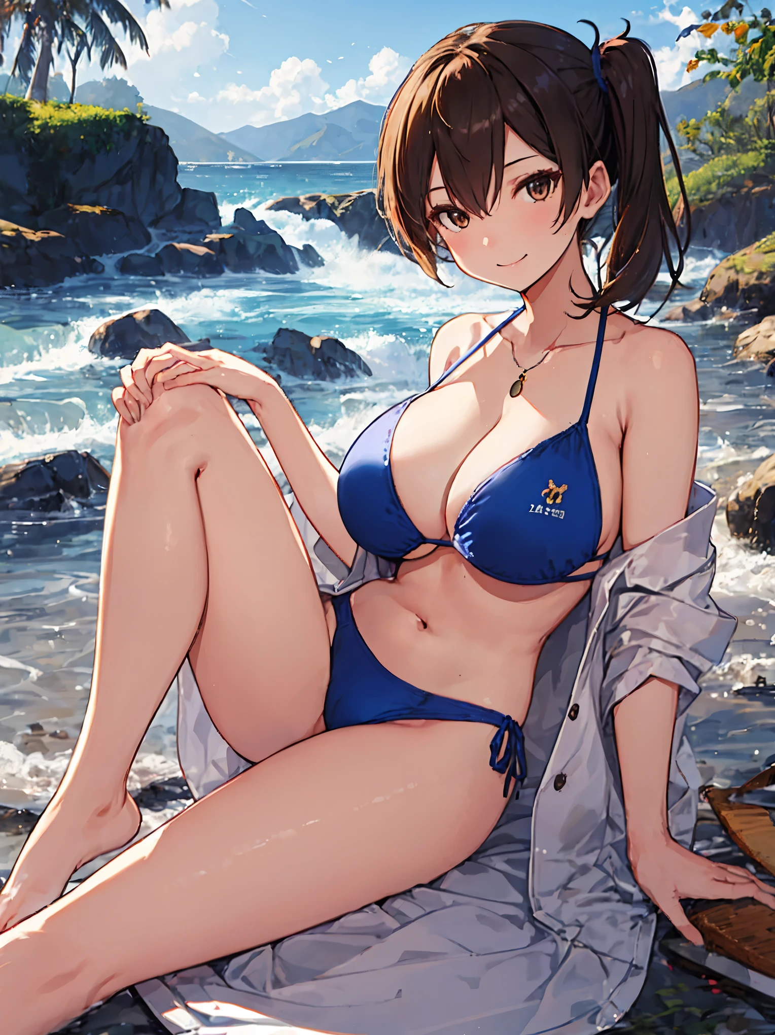 Beautiful illustration、top-quality、Kaga_kantaicollection
brown_hair, Side_Ponytail, brown_Eyes, Short_hair, (gigantic_tits:1.3) long_hair、Blue Bikini、 coast_landscape,(abs:0.5),navel,solo,smile