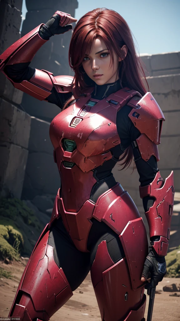 Halo game, skinny, female spartan, no helmet, dark red hair, destroyed pink armor, battle damaged, nsfw, masterpiece quality