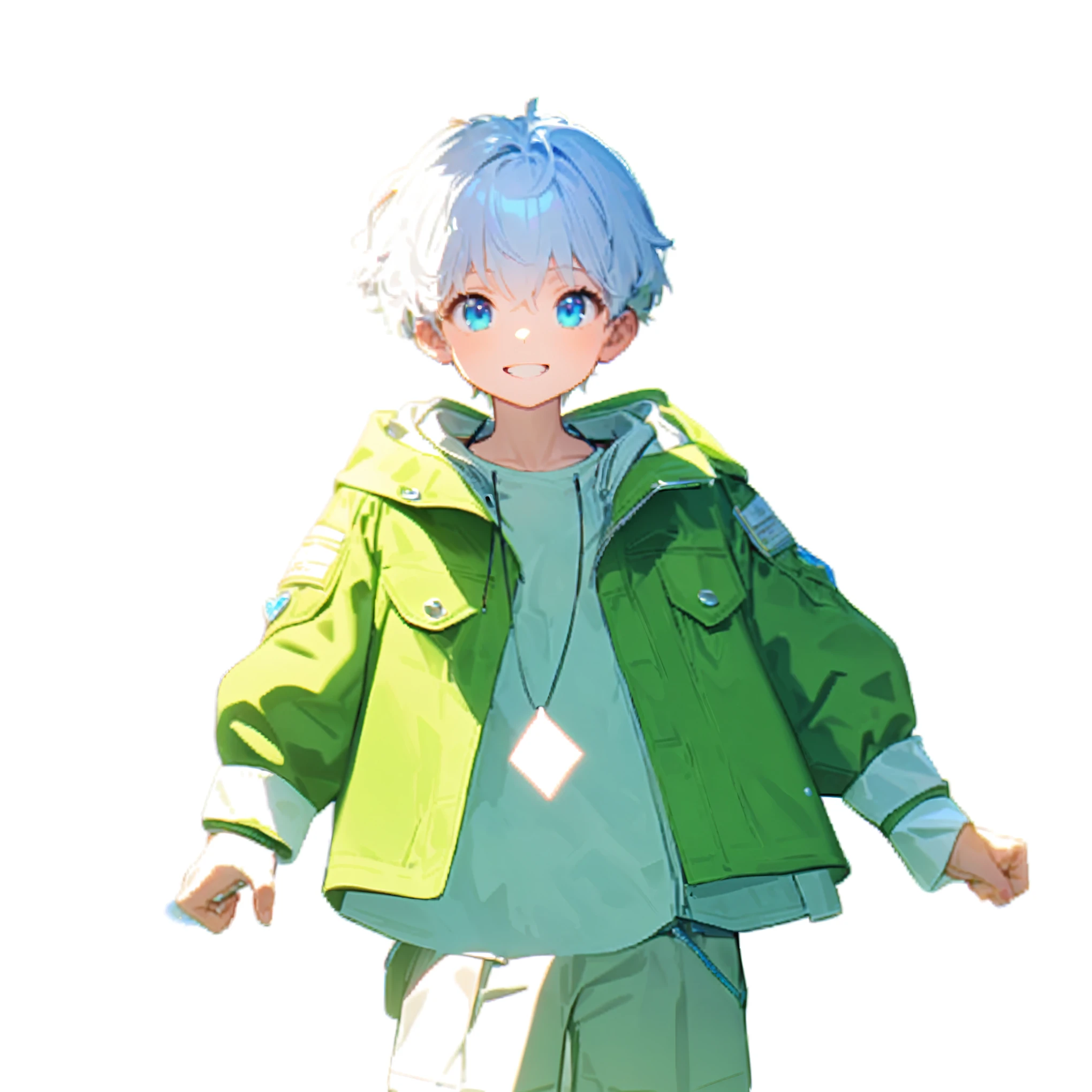 a boy,White short hair,Blue Eyes,Wear a green coat,Smile,Couples,Hanging around the neck,brand。uhd, retina, masterpiece, anatomically correct, super detail, high details, highres,