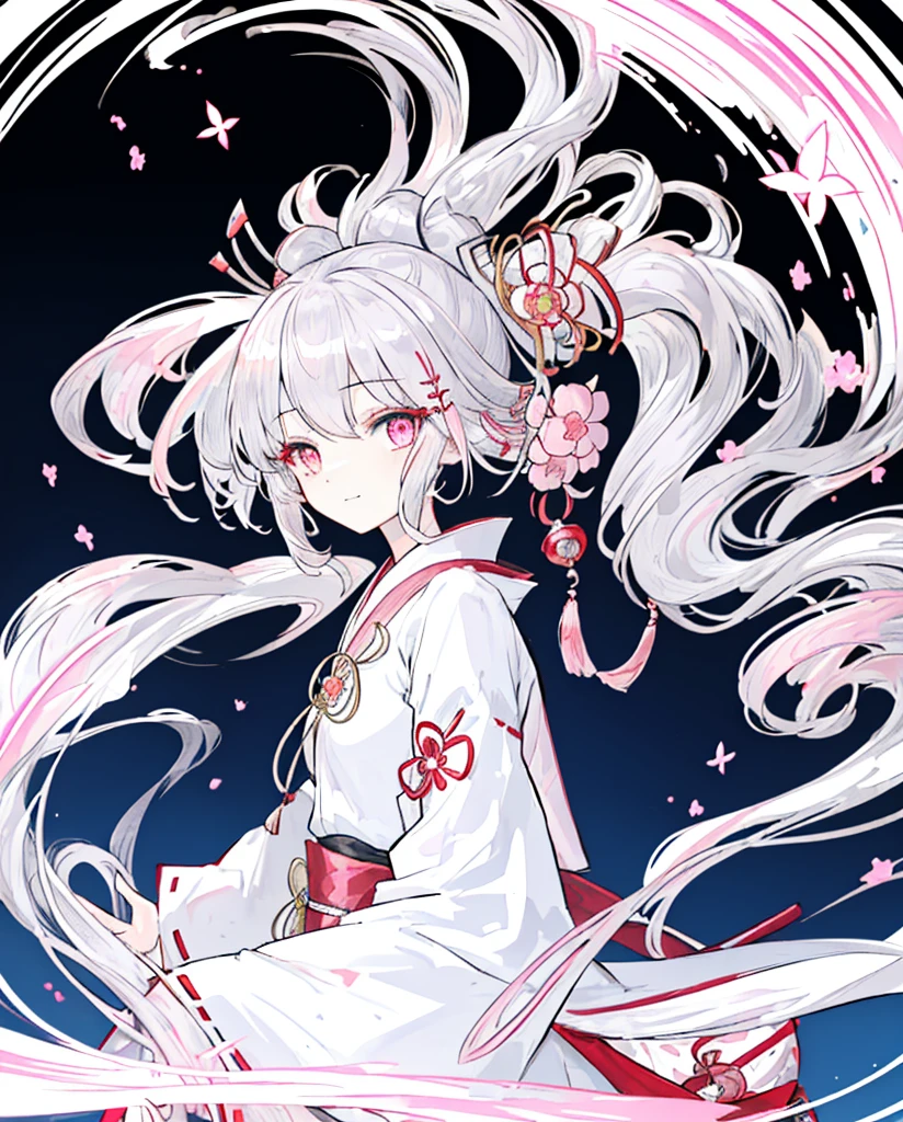 [(white background:1.4)::5],original,(illustration:1.1),(best quality),(masterpiece:1.1),(extremely detailed CG unity 8k wallpaper:1.1), (colorful:0.9),(mid shot:0.95),((highly detailed beautiful face and eyes)),(solo:1.2), (girl),(((adult))), (detailed beautiful eyes:1.15), (beautiful face:1.15), (glowing pink eyes:1.25////),(((silver medium hair))),(+perfect hand+:1.21),(Draw an illustration of japanese miko),(((side ponytail))),(Religious),(slender),(from side),(is wearing white kimono),(fantasy miko clothes),((beutiful slender girl with white kimono)),smile,(adult),