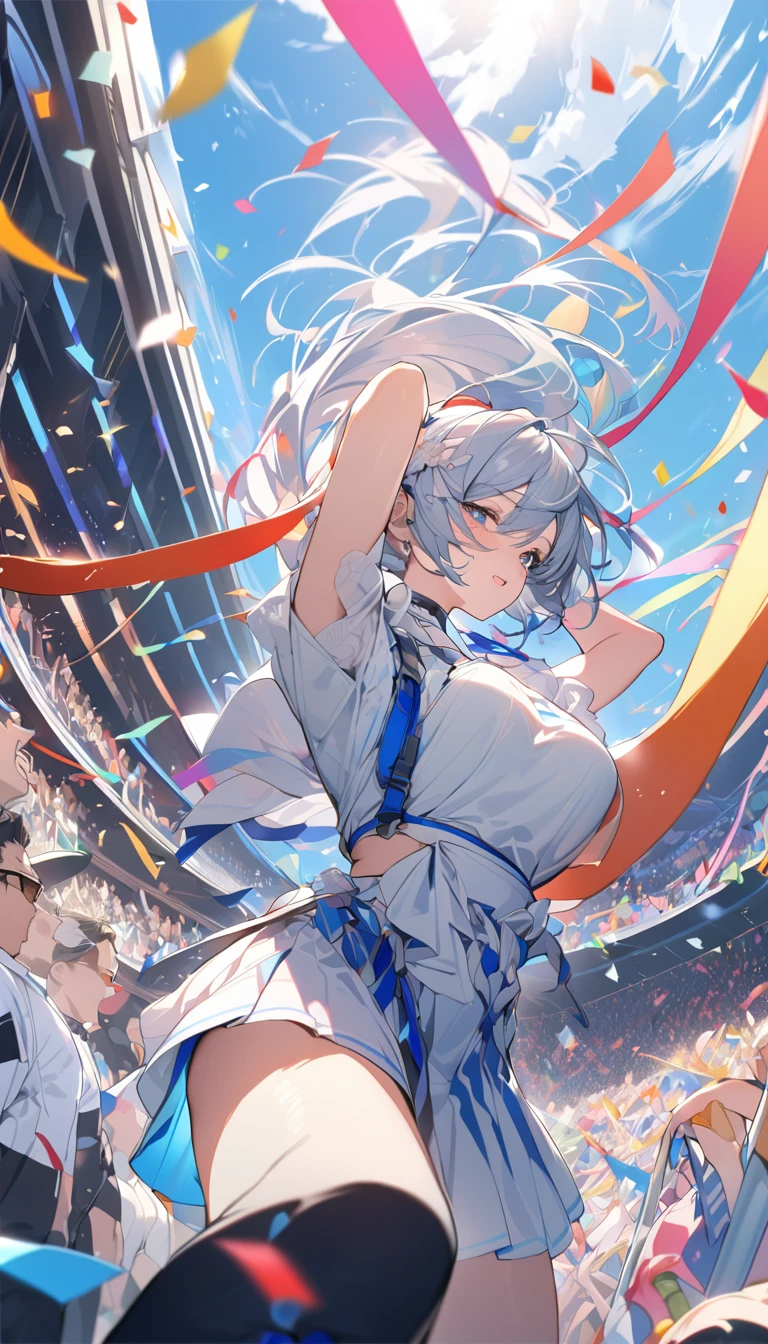 best quality, high quality, 16K, Unbelievably ridiculous, Very detailed, 2.5D, Delicate and dynamic, Blue sky, Colorful contrails, Confetti, crowd, audience, athlete&#39; Track and field arena，Start线，side，Look up into the distance，紧身Sportswear，Sportswear，Start，Track，