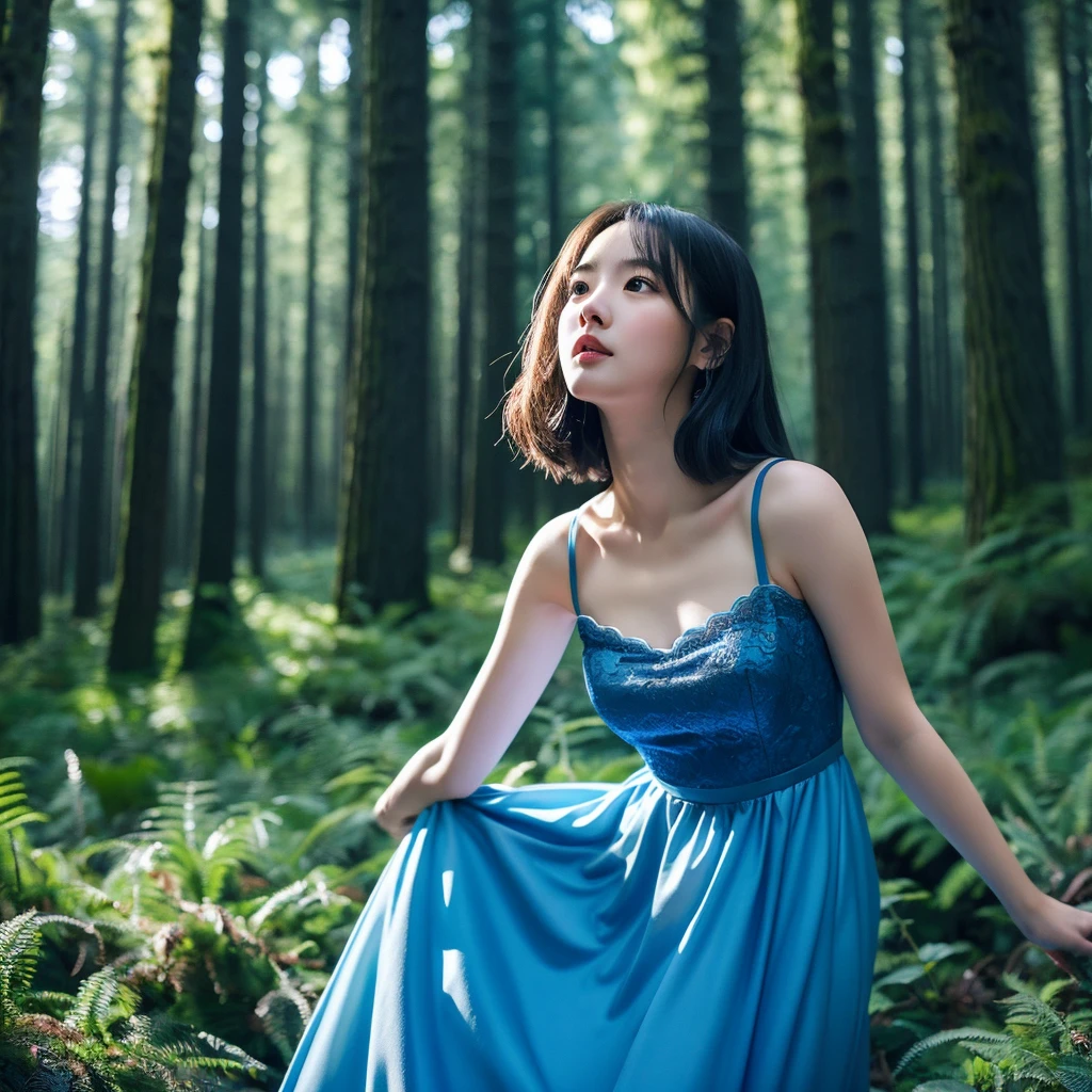 masterpiece, best quality, marianne_timeskip, blue dress, capelet, dark alpine forest, standing, night, looking up, upper body, detailed face chinese girl, cute 25yo girl, sexy girl