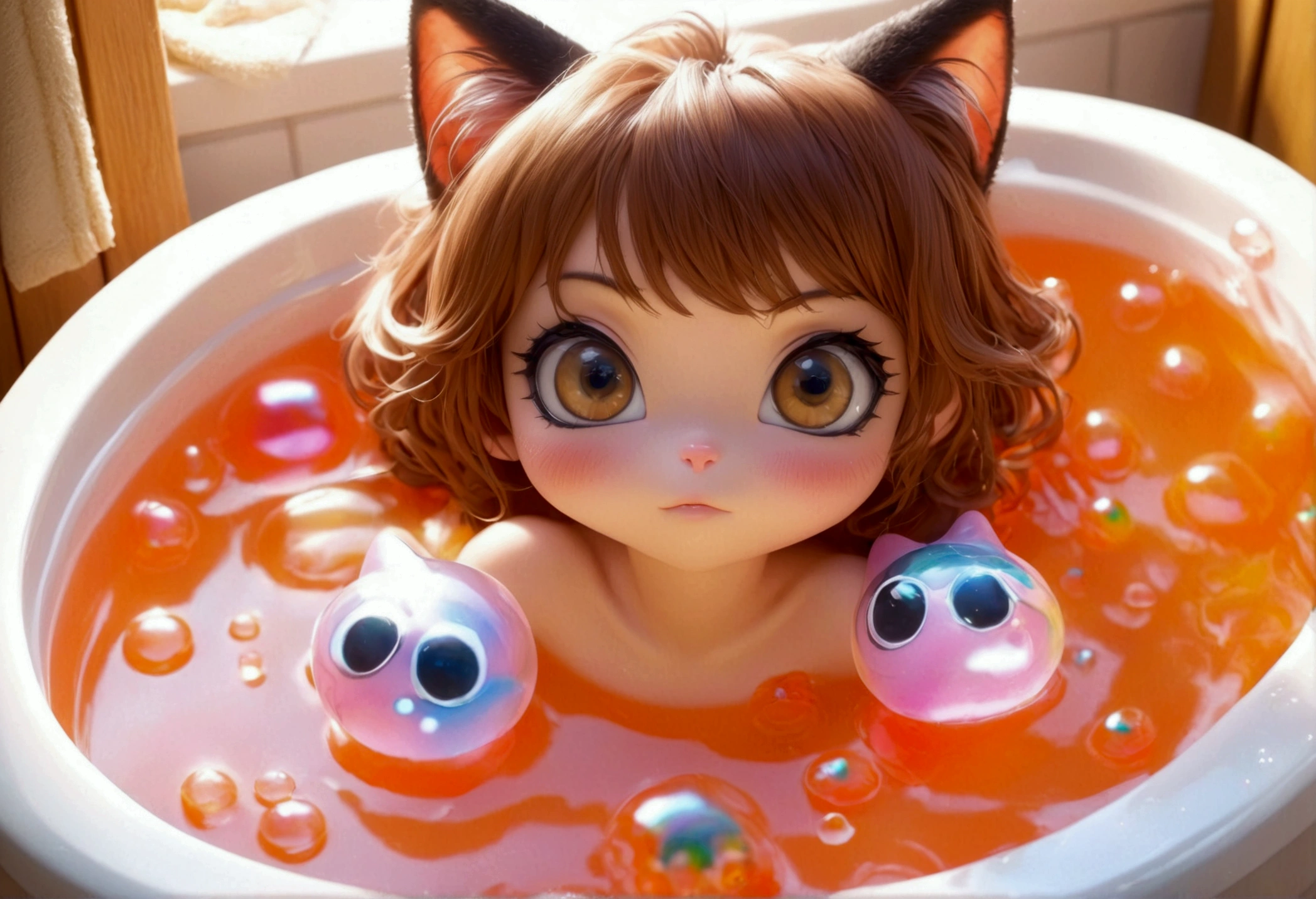 Xiaorou SeeU, age 20, in an adorable sexy cat girl, big eyes, naked, acting adorable playing with bubbles, she is enjoying a bubble bath leg up on side of tub, bathroom with bubble bath in tub, bubbles cover nsfw content
