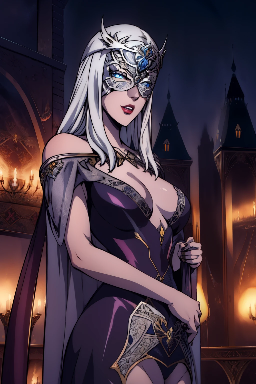 carmilla, medium breasts, black dress. by white, beautiful face, blue eyes, (masterpiece:1.2), Best Quality, absurdities, High resolution, extremely detailed wallpaper, perfect lighting, from below, blue eyes, castillo, view of the castle, outdoors, de evening, evening, at night, ((silver mask))