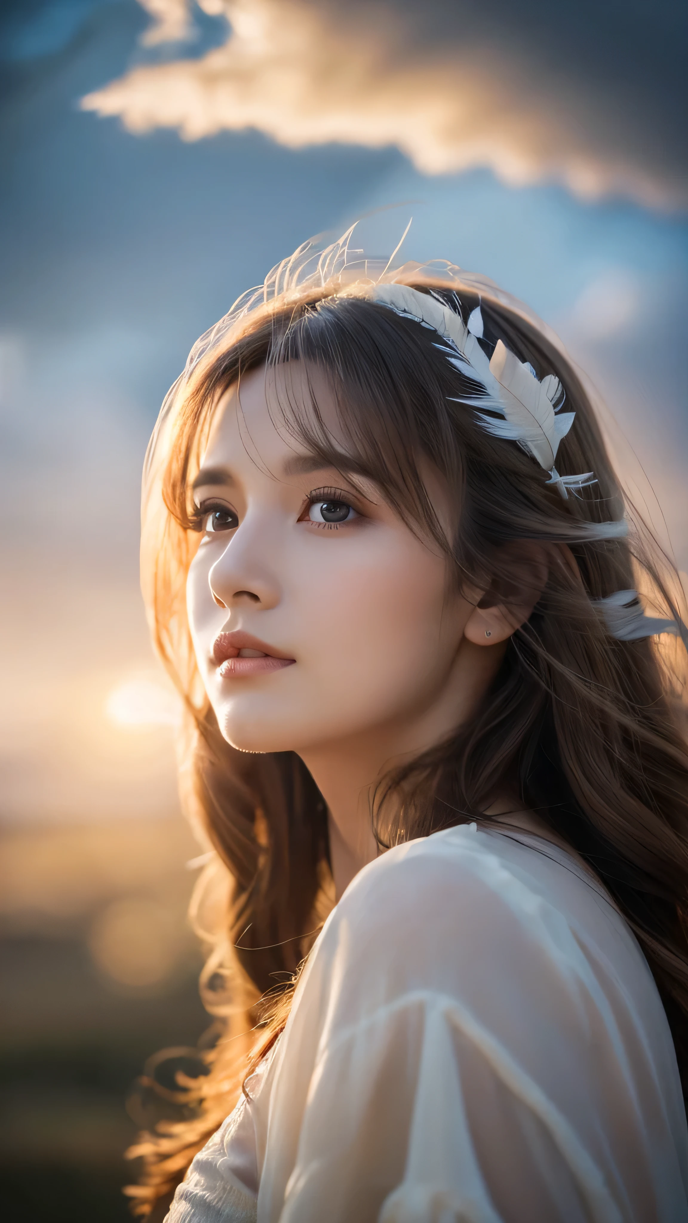 Beautiful girl, Long and fine hair, White Feather, flying above clouds, Soft and dramatic lighting, (Highest quality,4K,8k,High resolution,masterpiece:1.2),Very detailed,(Realistic,photoRealistic,photo-Realistic:1.37),Detailed eyes, Detailed nose, Detailed lips, Long eyelashes, Angelic look, peaceful, Magic, Fantasy, Cinematic, Dramatic colors, Warm color palette