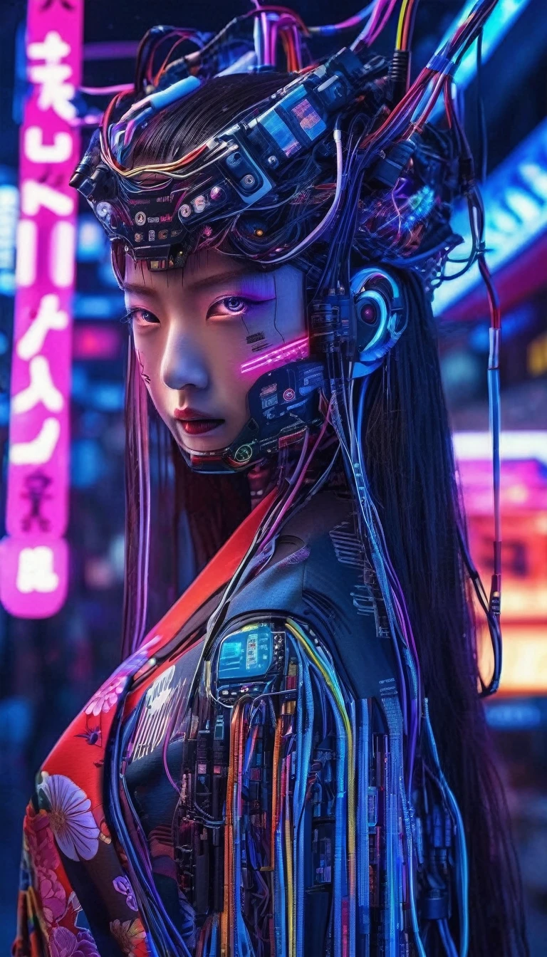 High technology, futuristic, cyborg girl, (photorealistic:1.4), long hair made of cables, robotic, lots of computer cables in the bacground, ultra high res, uhd, 8k, neon lights, japanese culture, kimono, jspanese demon