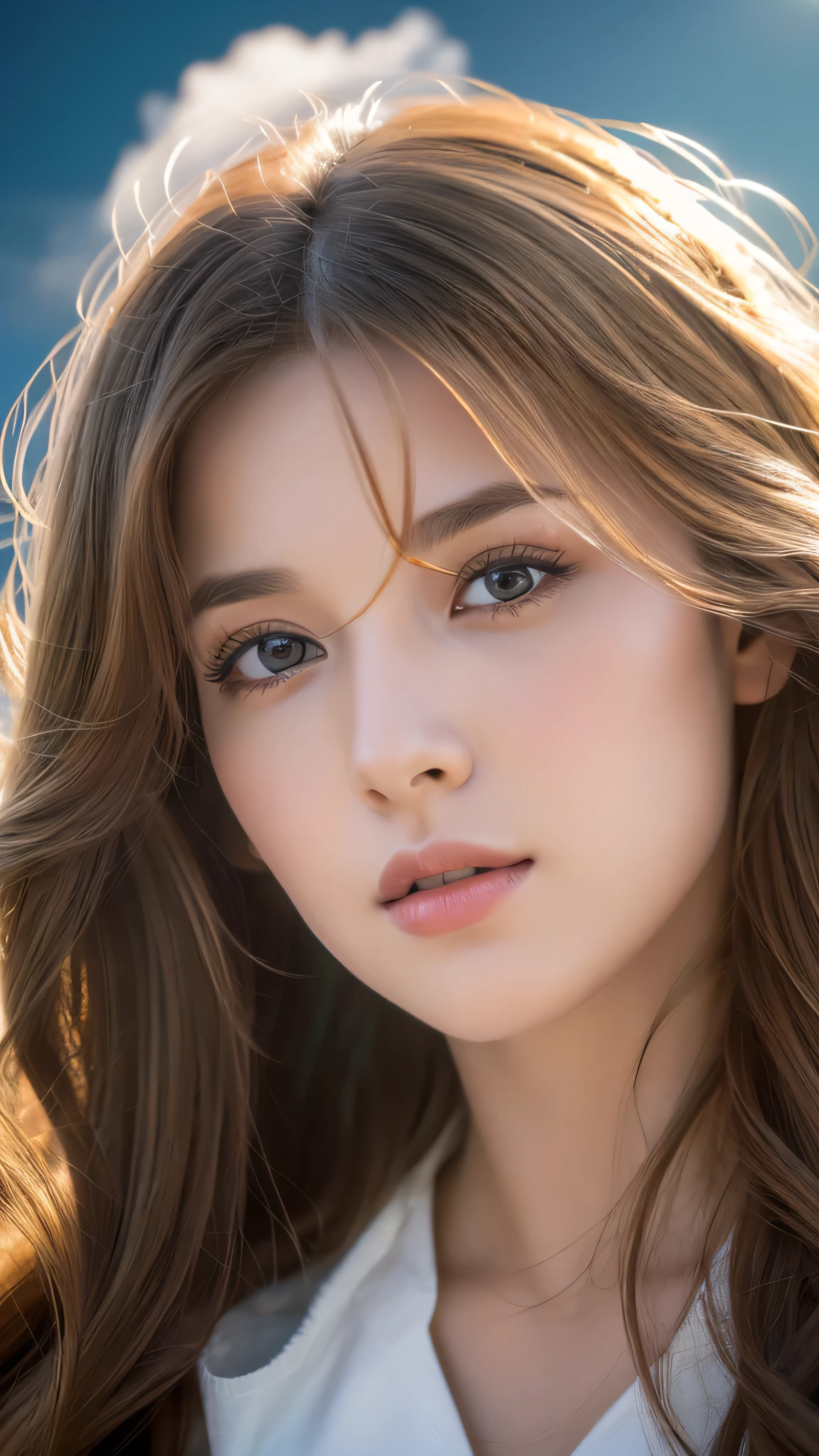 Beautiful girl, Long and fine hair, White Feather, flying above clouds, Soft and dramatic lighting, (Highest quality,4K,8k,High resolution,masterpiece:1.2),Very detailed,(Realistic,photoRealistic,photo-Realistic:1.37),Detailed eyes, Detailed nose, Detailed lips, Long eyelashes, Angelic look, peaceful, Magic, Fantasy, Cinematic, Dramatic colors, Warm color palette