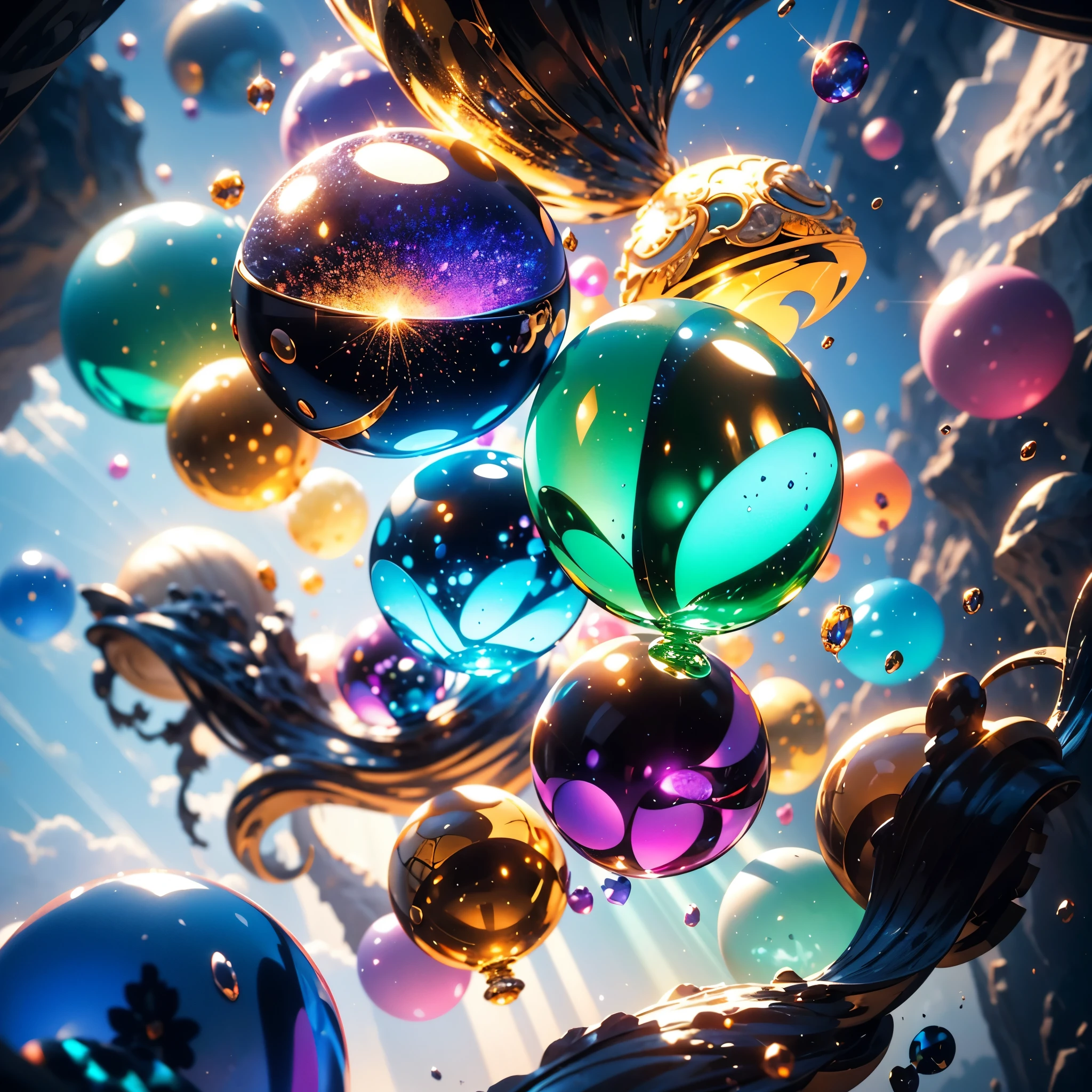 giant levitating gemstones, sparkling colorful gems floating in the sky, highly detailed, 4k, 8k, hyperrealistic, photorealistic, masterpiece, vibrant colors, volumetric lighting, god rays, cinematic lighting, dramatic shadows, intricate details, hyper detailed, ultra detailed, stunning, breathtaking, awe-inspiring, magical, fantastical, surreal, imaginative