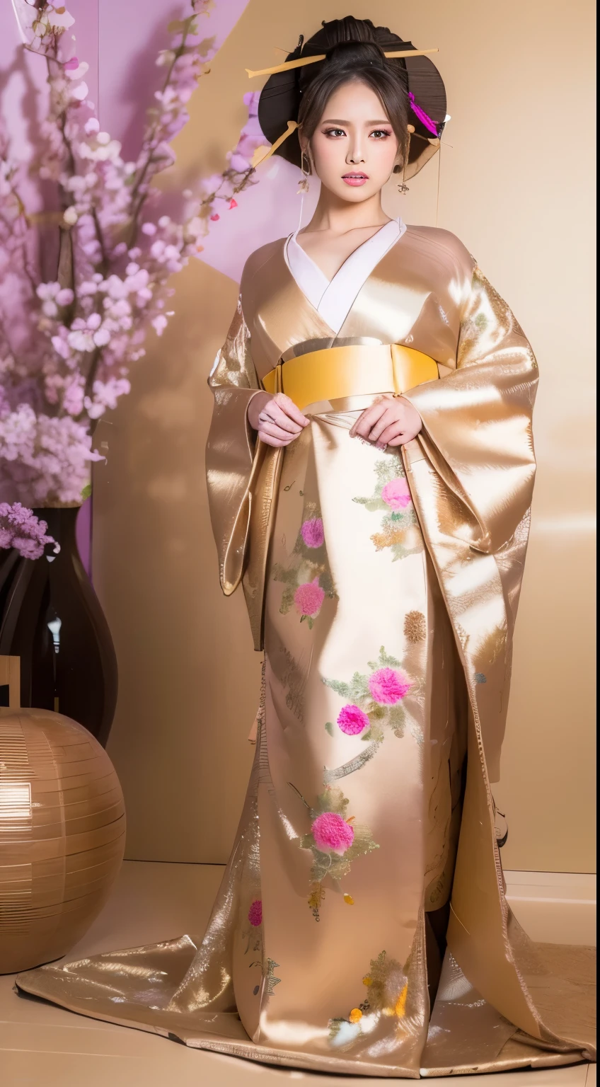 ((masterpiece(:1.4),Highest quality,Ultra-high resolution,Highest quality,8k,Extremely detailed,In detail))。night,Japanese,(A beautiful woman),glossy,slim,Large Breasts(1.6),sexy,glamorous,Golden Ratio Style,Perfect Style,White powder applied to face and neck,Flashy gal makeup,Red light district,Bedroom,Oiran,Prostitute,Sunny day outfit,Uchikake,Gold brocade,((A gorgeous kimono)),A cutting board belt tied in front,Hair tying,hairpin,hair ornaments,Gorgeous costumes,Beautiful standing posture,Presence,Exude sex appeal,looking at the camera,