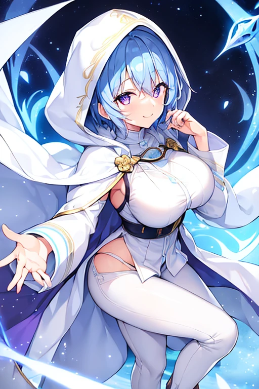 1girl, large breasts, light blue hair, purple eyes, one eye covered, short hair, smile, light smile, cloak, white cloak, white hood, white cape, cape, belt, white pants, white clothes, hood up, pants, ((pants)), hourglass figure,