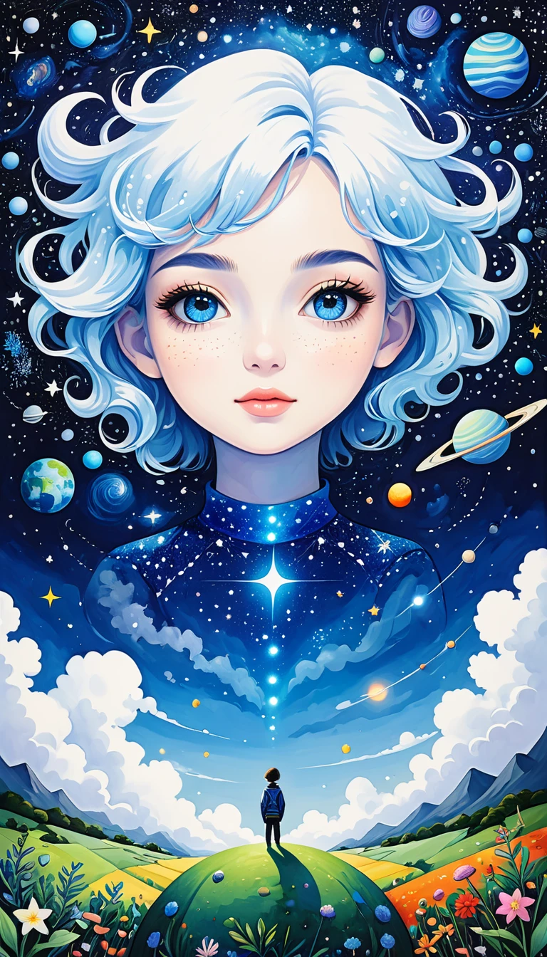 Psychedelic Art。plant、Marine Life、(((Charming eyes)))、cloud、Starry Sky,Galaxy、Planet、Abstract painting of joints,Describing the inner world of autistic people,Sense of space,Blank,White space,Pointillism method,Childish lines,Klein Blue