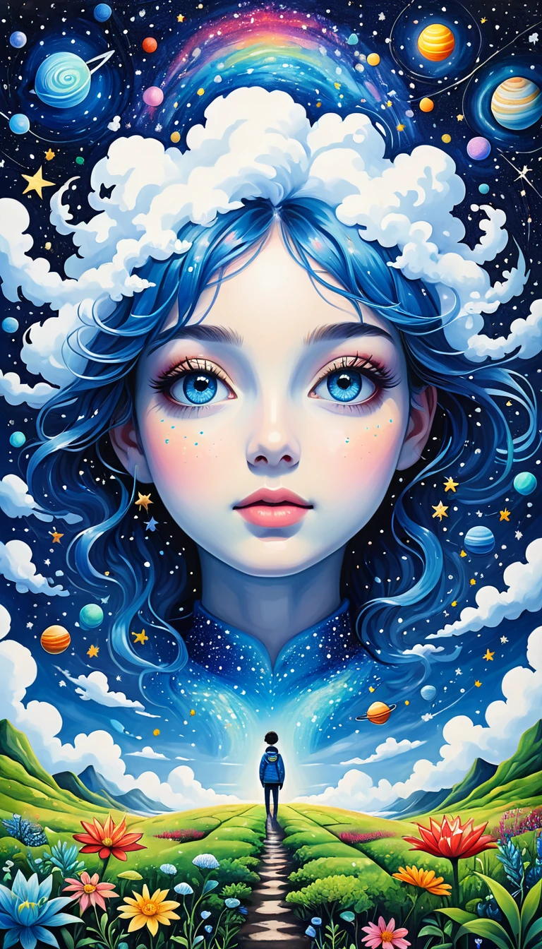 Psychedelic Art。plant、Marine Life、(((Charming eyes)))、cloud、Starry Sky,Galaxy、Planet、Abstract painting of joints,Describing the inner world of autistic people,Sense of space,Blank,White space,Pointillism method,Childish lines,Klein Blue