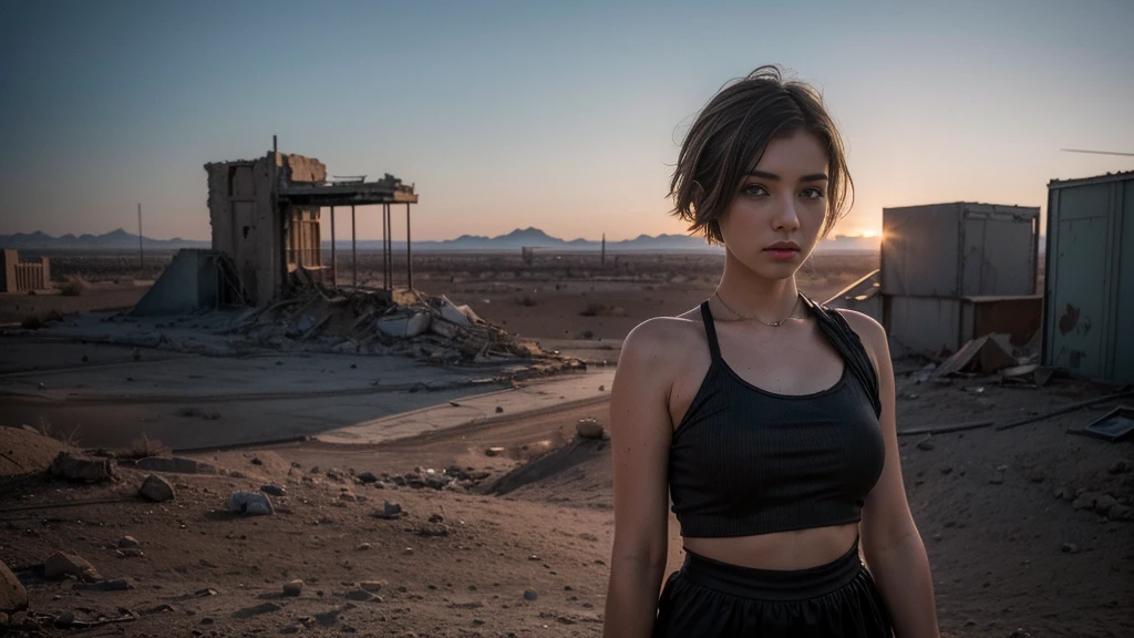 ((masterpiece, best quality, Highest image quality, high resolution, Reality, RAW photos, 8K)), Future city ruins,The post-nuclear world,desert,Beautiful girl,Broken clothes,Pretty face,short hair,dirty,Closed mouth,dramatic,Mid-range portrait,dusk