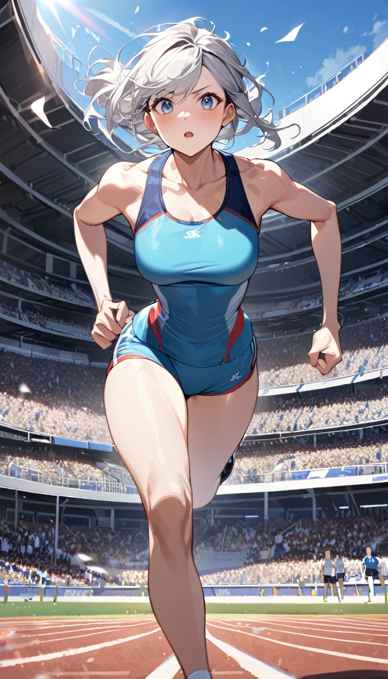 best quality, high quality, 16K, Unbelievably ridiculous, Very detailed, 2.5D, Delicate and dynamic, Blue sky, Track and field arena,Start, Tight sportswear,running,crowd, audience, athlete' Admission, A lot of people々,.々Race, Gentlemen.々age, men and women, Gentlemen.々nationality
