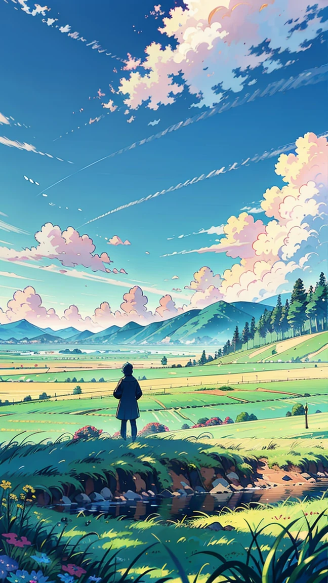 An anime man standing solemnly in a vast field of lush green grass, under an expansive sky with vibrant, blue clouds. The landscape is breathtakingly beautiful, depicted in ultra HD with high detail. The scene is vibrant and designed to look like an award-winning photograph, capturing a sense of melancholy and beauty.