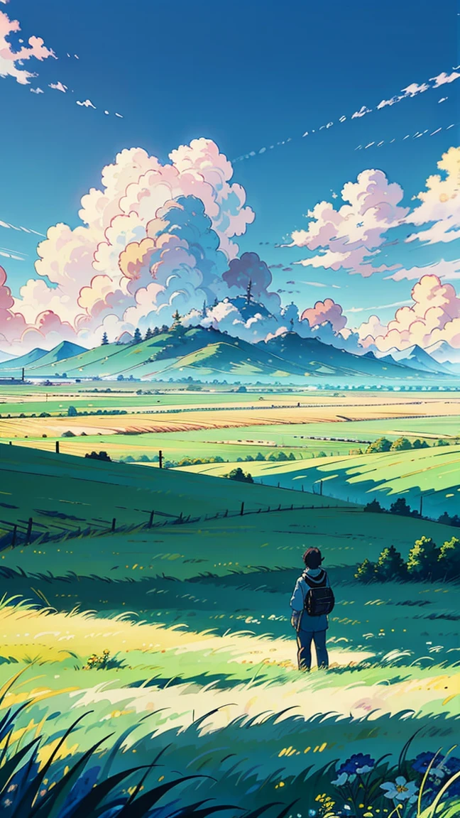 An anime man standing solemnly in a vast field of lush green grass, under an expansive sky with vibrant, blue clouds. The landscape is breathtakingly beautiful, depicted in ultra HD with high detail. The scene is vibrant and designed to look like an award-winning photograph, capturing a sense of melancholy and beauty.