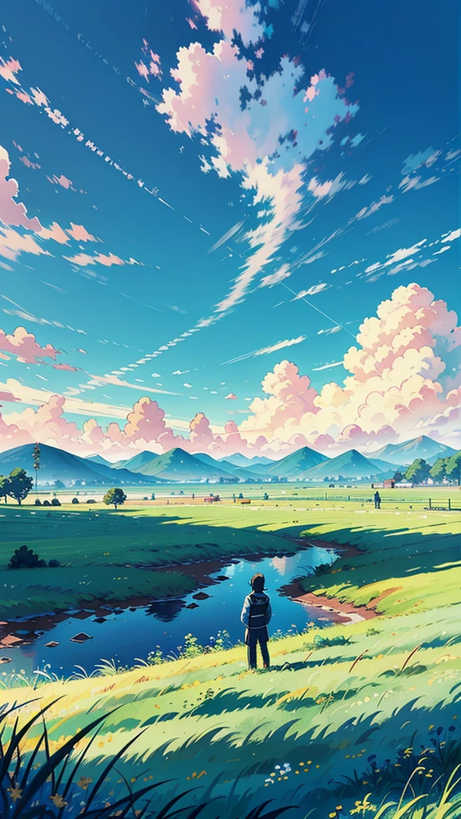 An anime man standing solemnly in a vast field of lush green grass, under an expansive sky with vibrant, blue clouds. The landscape is breathtakingly beautiful, depicted in ultra HD with high detail. The scene is vibrant and designed to look like an award-winning photograph, capturing a sense of melancholy and beauty.