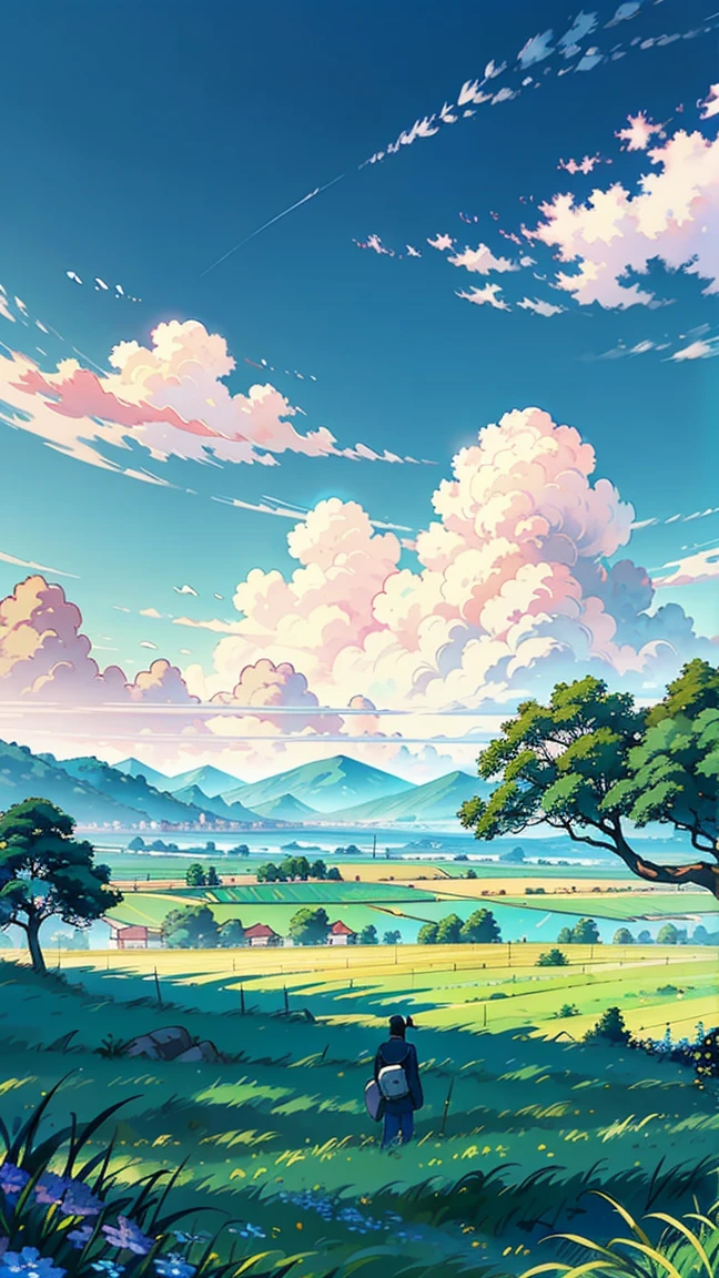 An anime man standing solemnly in a vast field of lush green grass, under an expansive sky with vibrant, blue clouds. The landscape is breathtakingly beautiful, depicted in ultra HD with high detail. The scene is vibrant and designed to look like an award-winning photograph, capturing a sense of melancholy and beauty.