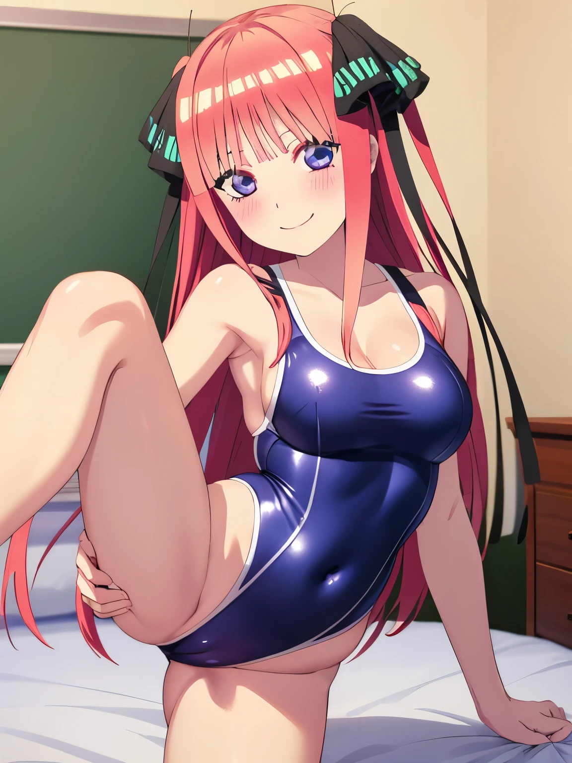 best quality, insanely detailed, nino nakano, breasts, blush, bedroom background, looking at viewer, pussy, smile, school one-piece swimsuit, cheerful eye, Gymnastics leg spread