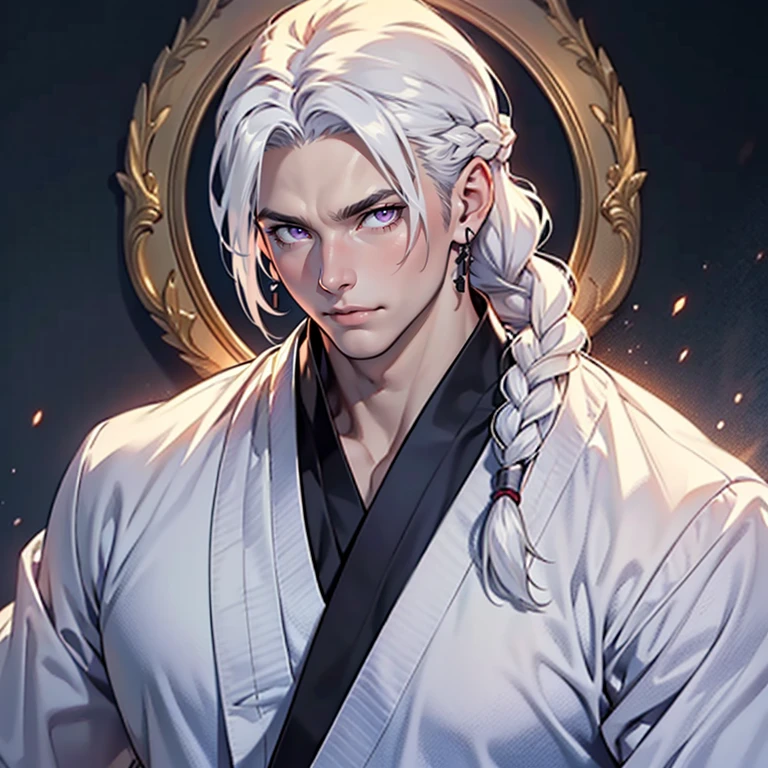 ((masterpiece)), (((best quality))), 1 male, pale white skin, white hair, hair styled in a single thick braid, handsome man, detailed background of a mansion, purple eyes, earrings, martial arts clothes, detailed face, highest quality, highly detailed, original, high resolution CG Unit 8k wallpaper, (best quality, artwork, masterpiece, 4k)