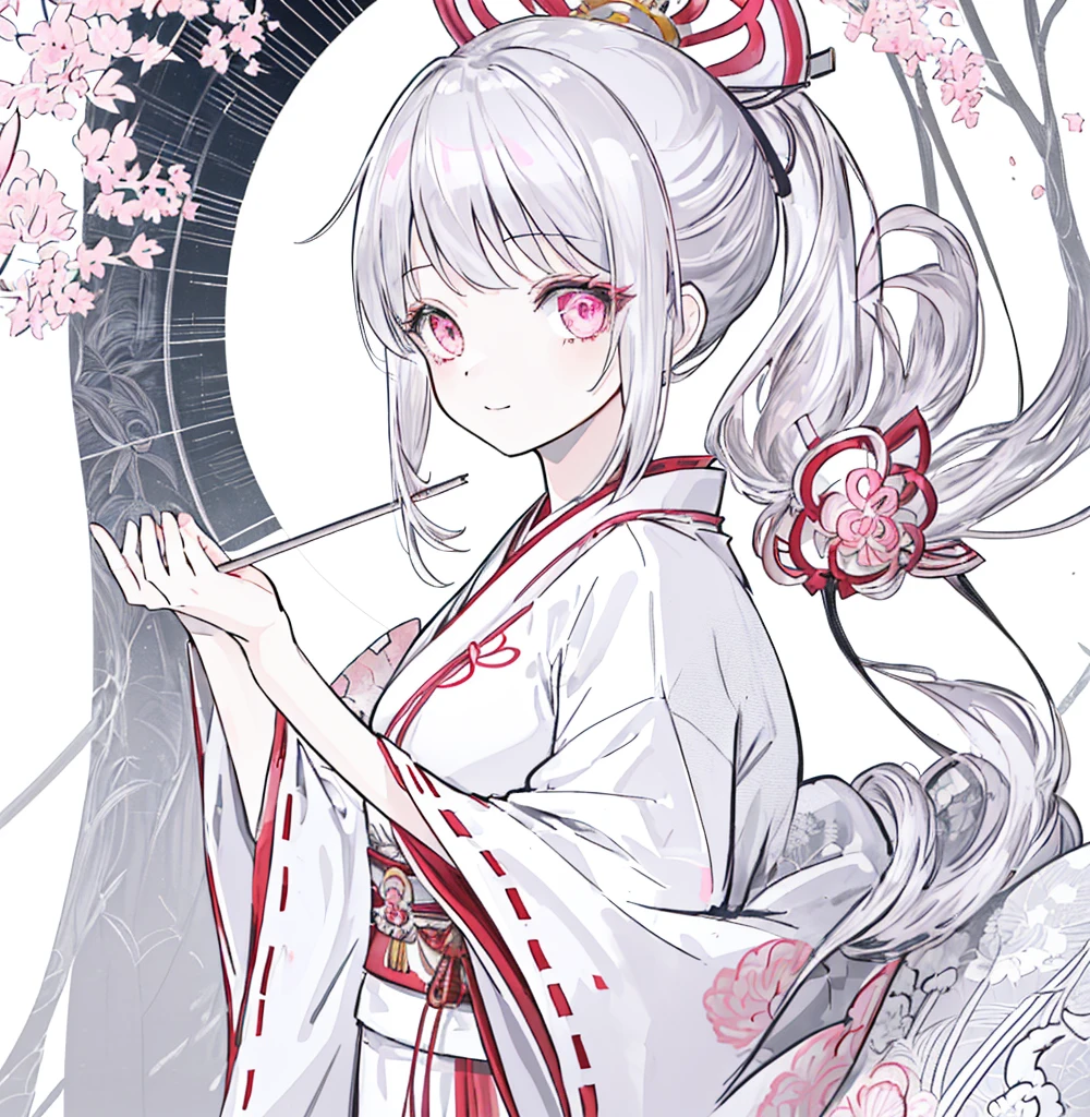 [(white background:1.4)::5],original,(illustration:1.1),(best quality),(masterpiece:1.1),(extremely detailed CG unity 8k wallpaper:1.1), (colorful:0.9),(mid shot:0.95),((highly detailed beautiful face and eyes)),(solo:1.2), (girl),(((adult))), (detailed beautiful eyes:1.15), (beautiful face:1.15), (glowing pink eyes:1.25////),(((silver medium hair))),(+perfect hand+:1.21),(Draw an illustration of japanese miko),(((side ponytail))),(Religious),(slender),(from side),(is wearing white kimono),(fantasy miko clothes),((beutiful slender girl with white kimono)),smile,(adult),