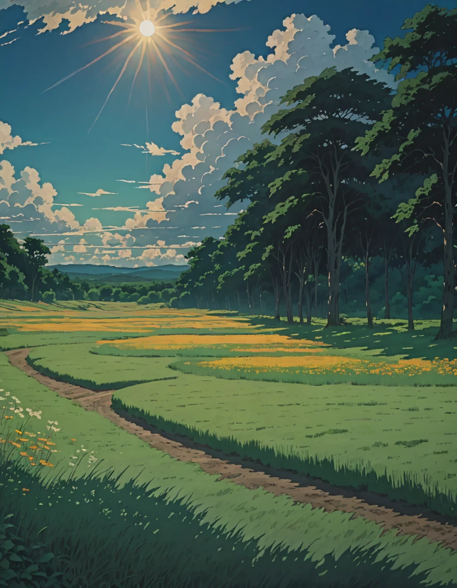 Studio ghibli background painting, summer field, grass and trees, Channels, summer sky and incoming clouds, clear contrast between sun and shadow, 8KHDR
