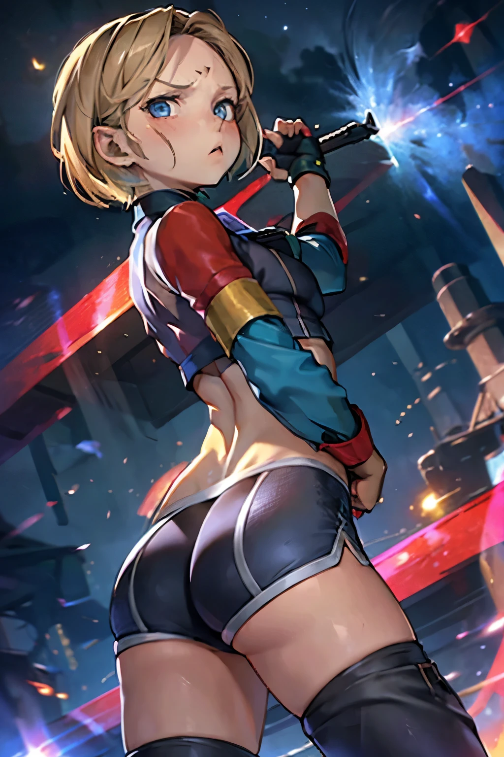     girl ,   small girl , short blonde hair ,  blue eyes,  angry  face , scar ,  body , red militar  beret , green leotard , flat chest , gloves ,long boots .standing. back ass 