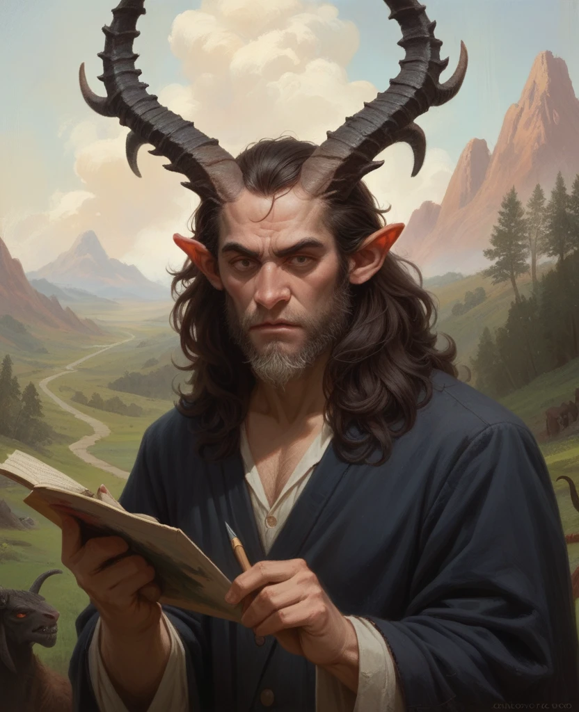 painting of a woman holding a demon on her head, Krampus, chtulhu, Saturn devouring his son, we see them, portrait of demons, horned god, satyr, wendigo, por Todd Lockwood, Bafome,