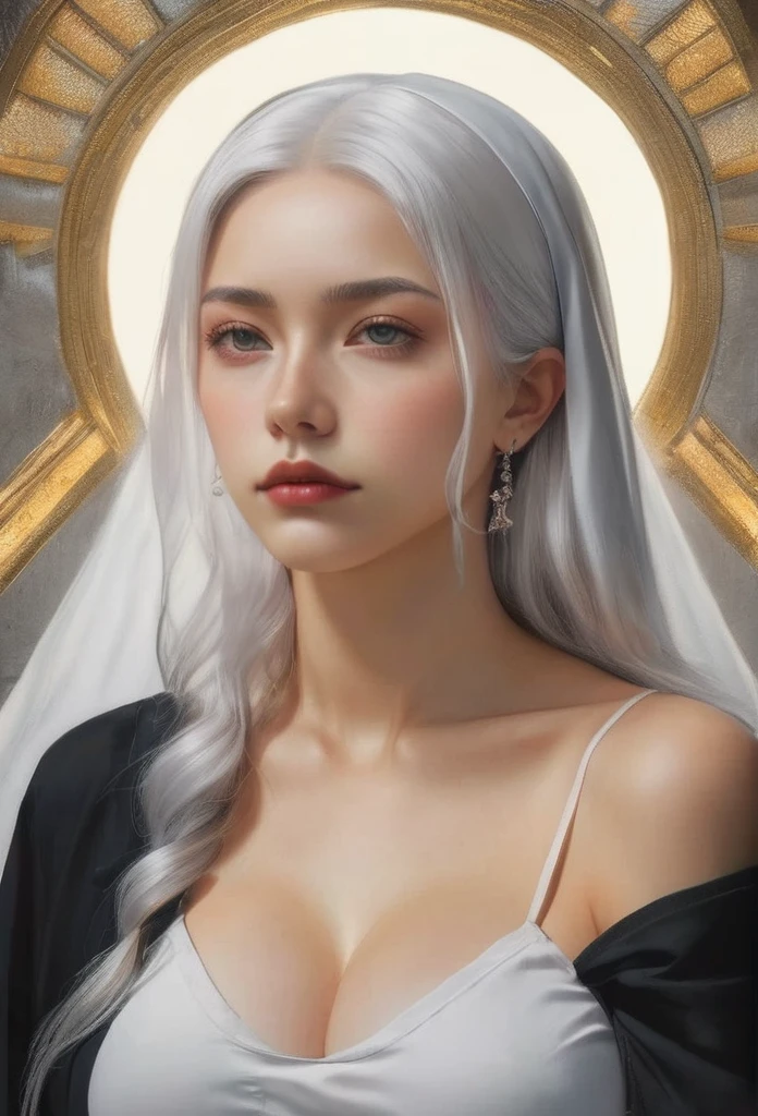 a busty, large-chested, twin-tailed silver-haired nun, side profile, holy saint, repulsive