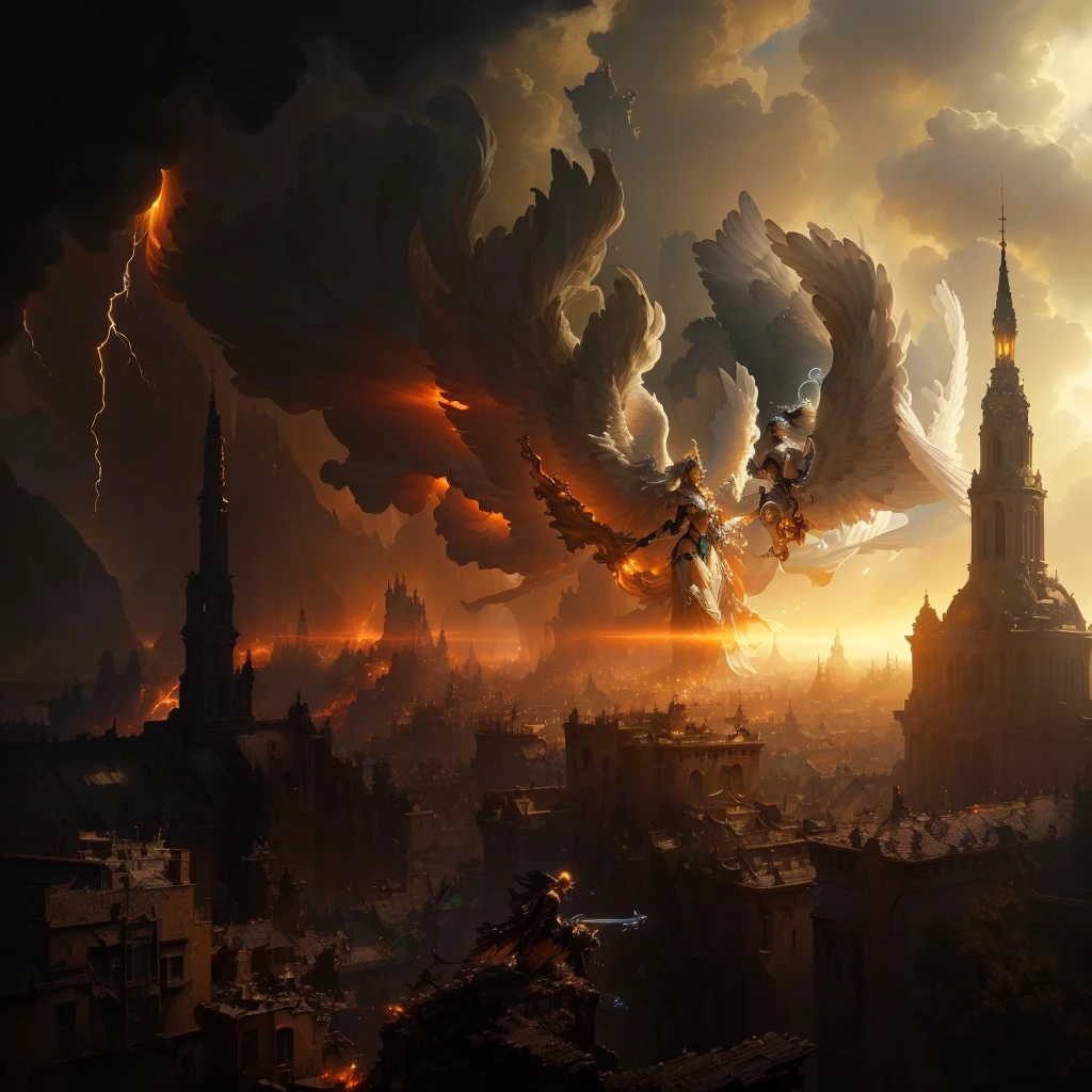 two angels flying in the background, work of art, best qualityer, (Extremely detailed CG 8k unity wallpaper), (best qualityer), (best illustration), (best shade), absurderes, realistic lighting, (abyss), beautiful detailed glowing, arte de PeterMohrBacher,