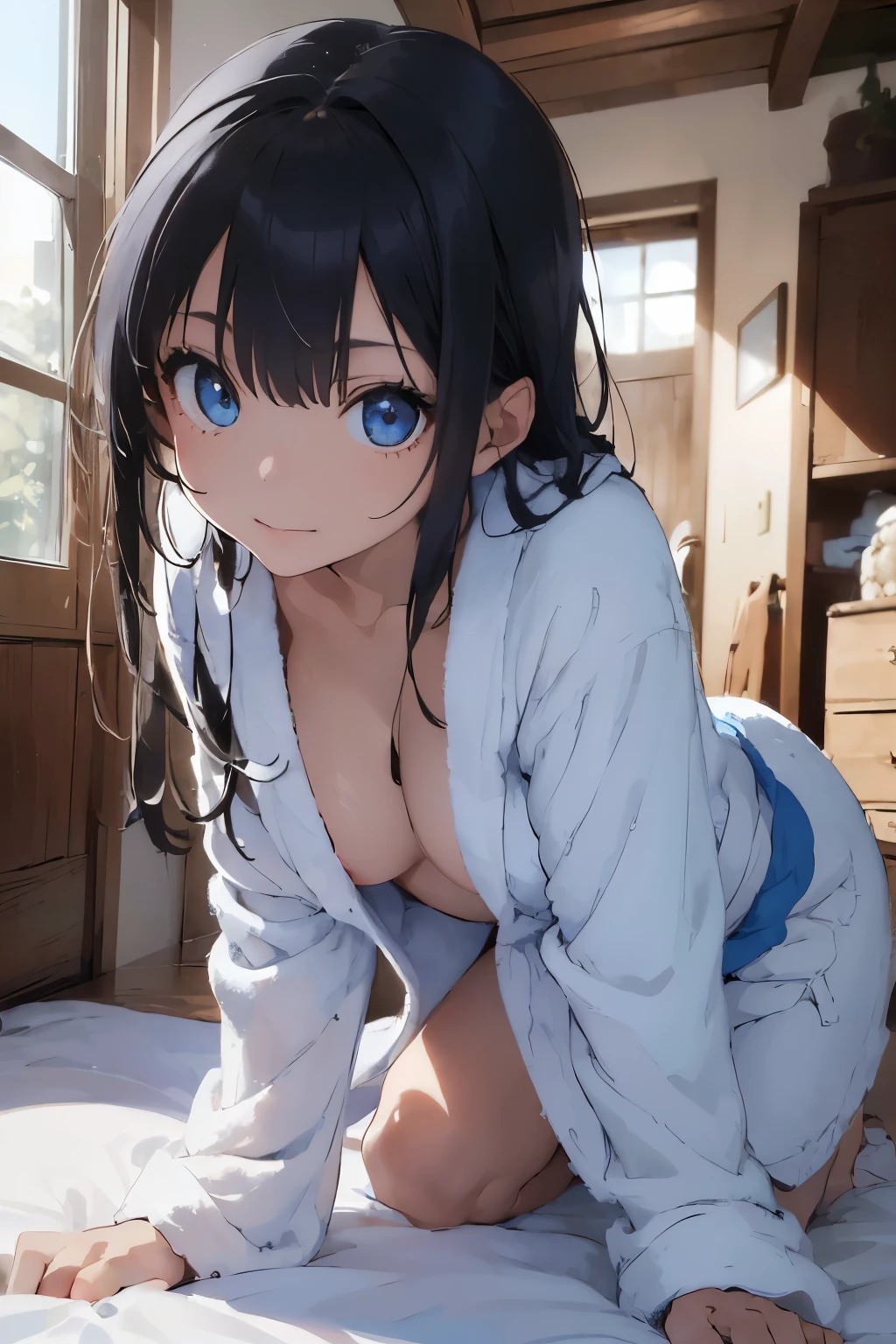 ((Highest quality)), ((masterpiece)), ((detailed)), ((One girl)), ((nymph)),, Black Hair,(Childish face), (Straight Hair),Medium Breasts , ((topless)), ((Blue eyes)), half-smile , ((white Bathrobe)) , natural Light ,Bedroom ,((close_up)), ((extreme_close_up)) , ((crawling position)), (seductively posing),