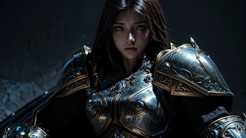 absurdrez, ultra details, high qualiy, Artwork, face detailed, gorgeous eyes(detailedeyes) warrior with sword, long black hair, Paladin&#39;s Heavy Armor, fully body, tense facial expression, gaping mouth, yelling, grappling, gazing at viewer, lush ass 