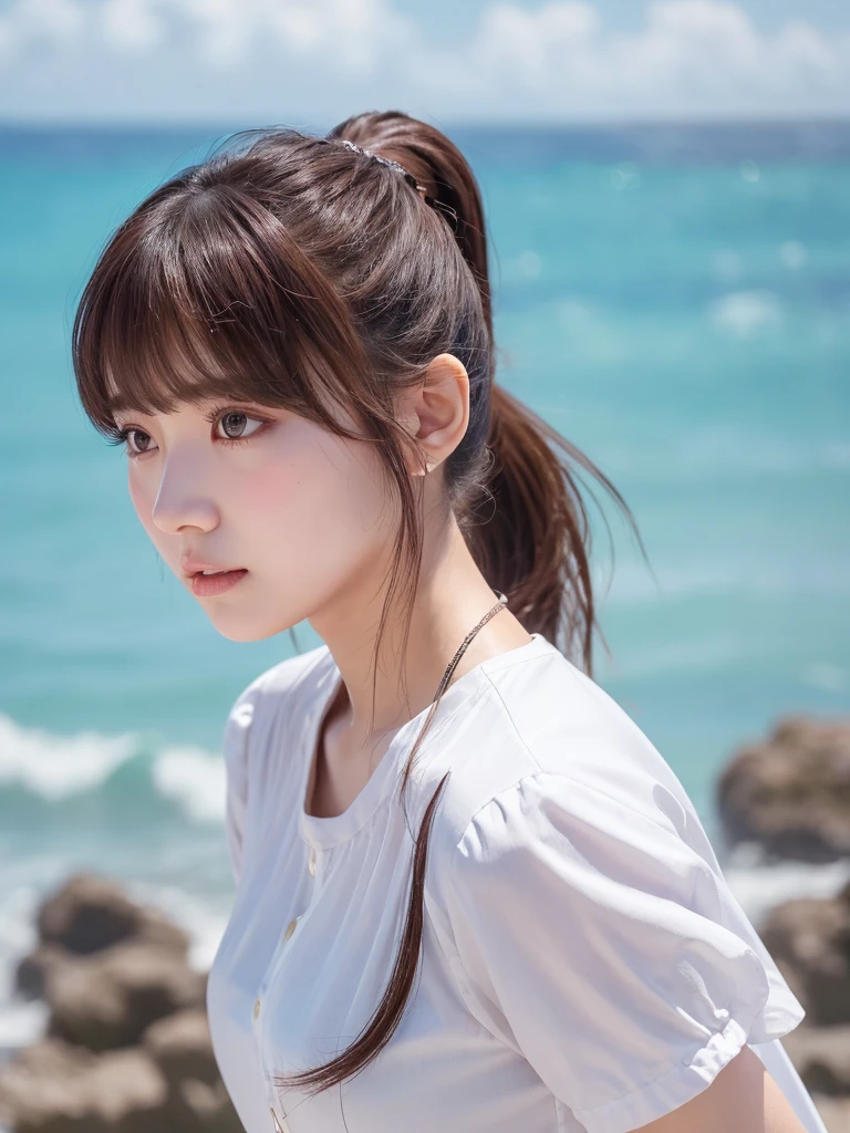 Temperamental girl,Delicate facial features,bangs,Brown ponytail,Messy Hair,The hair is very realistic,Wearing a short-sleeved white shirt,Background is sky,Ocean view,Du Qiong&#39;s exquisite makeup,thin red lips,Big eyes,double eyelid,Black Hole,Bright Eyes,Symmetrical face,The face is very realistic,The girl&#39;s face was carefully drawn,blush,Super high-end look,Looking at the audience,Extremely realistic skin,Sebaceous reflex,artwork,Clothing with real fabric texture,Realistic painting,Movie style,Photo level,Ray Tracing,Realistic light and shadow effects,realism,masterpiece,8K highest image quality is full,One girl, 