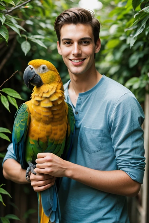A tall handsome cute young man with a parrot  