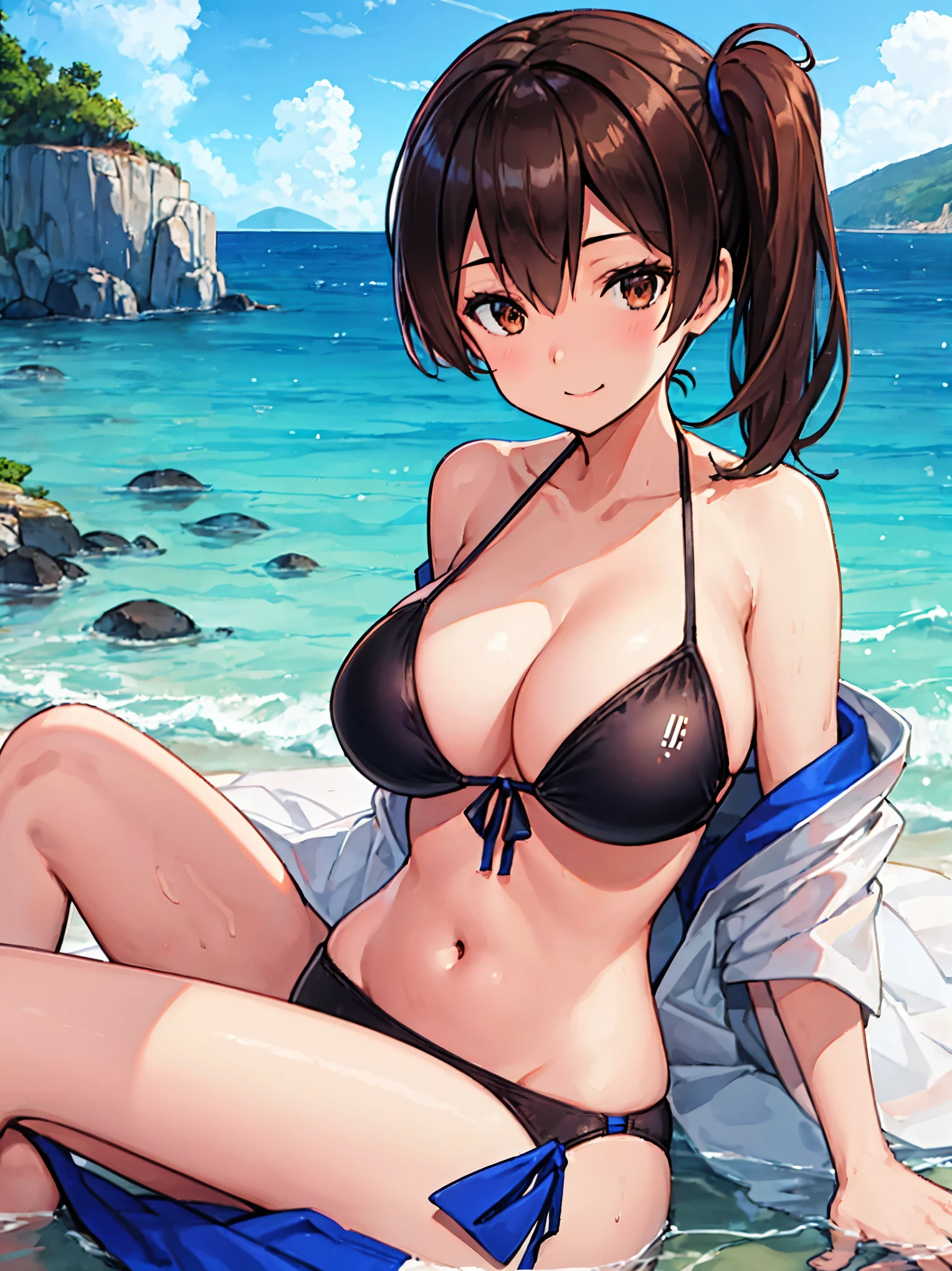 Beautiful illustration、top-quality、Kaga_kantaicollection
brown_hair, Side_Ponytail, brown_Eyes, Short_hair, (gigantic_breasts:1.3) long_hair、Blue Bikini、 coast_landscape,(abs:0.5),navel,solo,smile