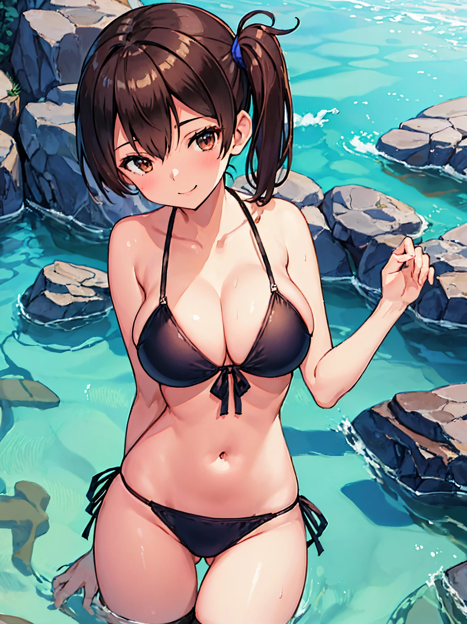 Beautiful illustration、top-quality、Kaga_kantaicollection
brown_hair, Side_Ponytail, brown_Eyes, Short_hair, (gigantic_breasts:1.3) long_hair、Blue Bikini、 coast_landscape,(abs:0.5),navel,solo,smile