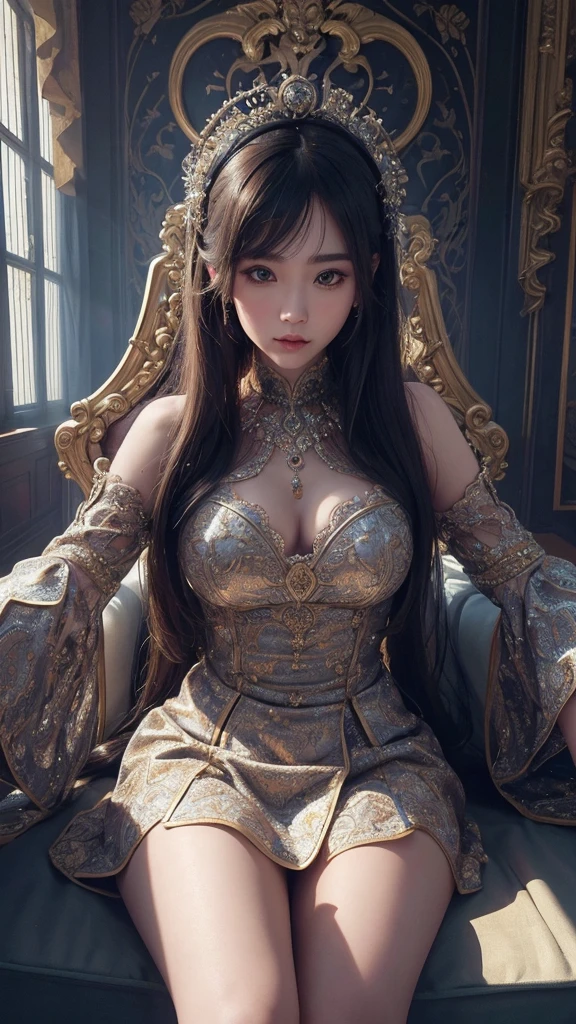 intricate young woman in the royal palace, wide angle lens f/2.8, Insane ultra high resolution intricate textures, texture indentation, perfect perspective, perfect geometry, ultra insane ambient lighting, ultra insane ambient shadows, Luminism, ultra detailed busy background, tessellation, maximalism, perfectionism, Masterpiece awarded by IPA,