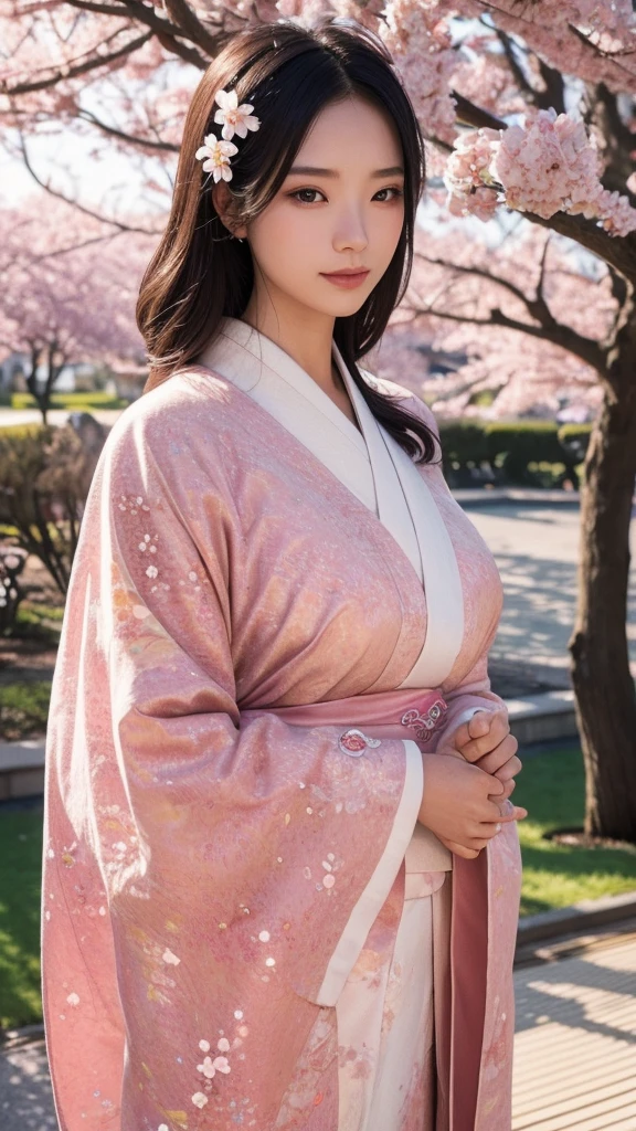 A beautifully detailed and aesthetic image of a girl wearing a kimono. She has strikingly detailed eyes, surrounded by light particles that enhance the delicate features of her face. The scene includes cherry blossoms in the background, adding to the serene and elegant atmosphere. She is adorned with tasteful jewelry, enhancing her overall appearance. The composition is a medium shot, capturing her beauty and the intricate details of the kimono and surroundings in a highly detailed, visually captivating manner.