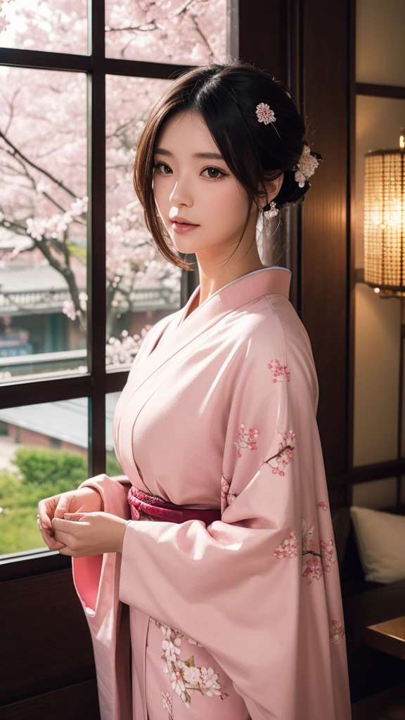 A beautifully detailed and aesthetic image of a girl wearing a kimono. She has strikingly detailed eyes, surrounded by light particles that enhance the delicate features of her face. The scene includes cherry blossoms in the background, adding to the serene and elegant atmosphere. She is adorned with tasteful jewelry, enhancing her overall appearance. The composition is a medium shot, capturing her beauty and the intricate details of the kimono and surroundings in a highly detailed, visually captivating manner.