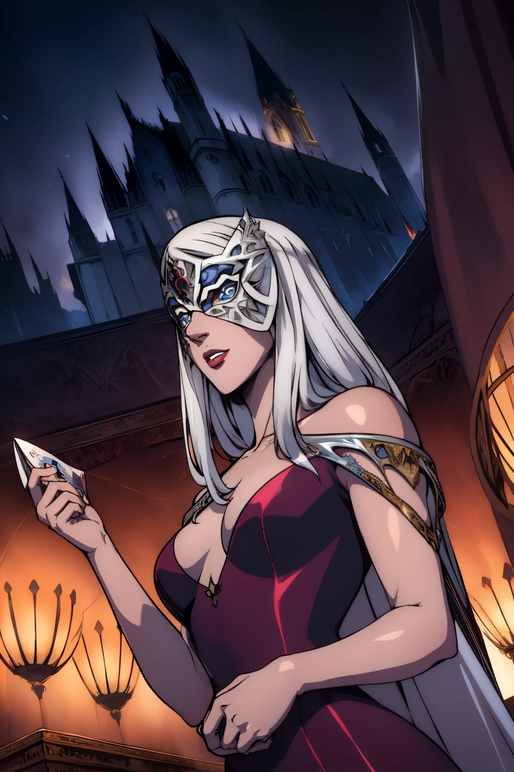 carmilla, medium breasts, black dress. by white, beautiful face, blue eyes, (masterpiece:1.2), Best Quality, absurdities, High resolution, extremely detailed wallpaper, perfect lighting, from below, blue eyes, castillo, view of the castle, outdoors, de evening, evening, at night, ((silver mask))